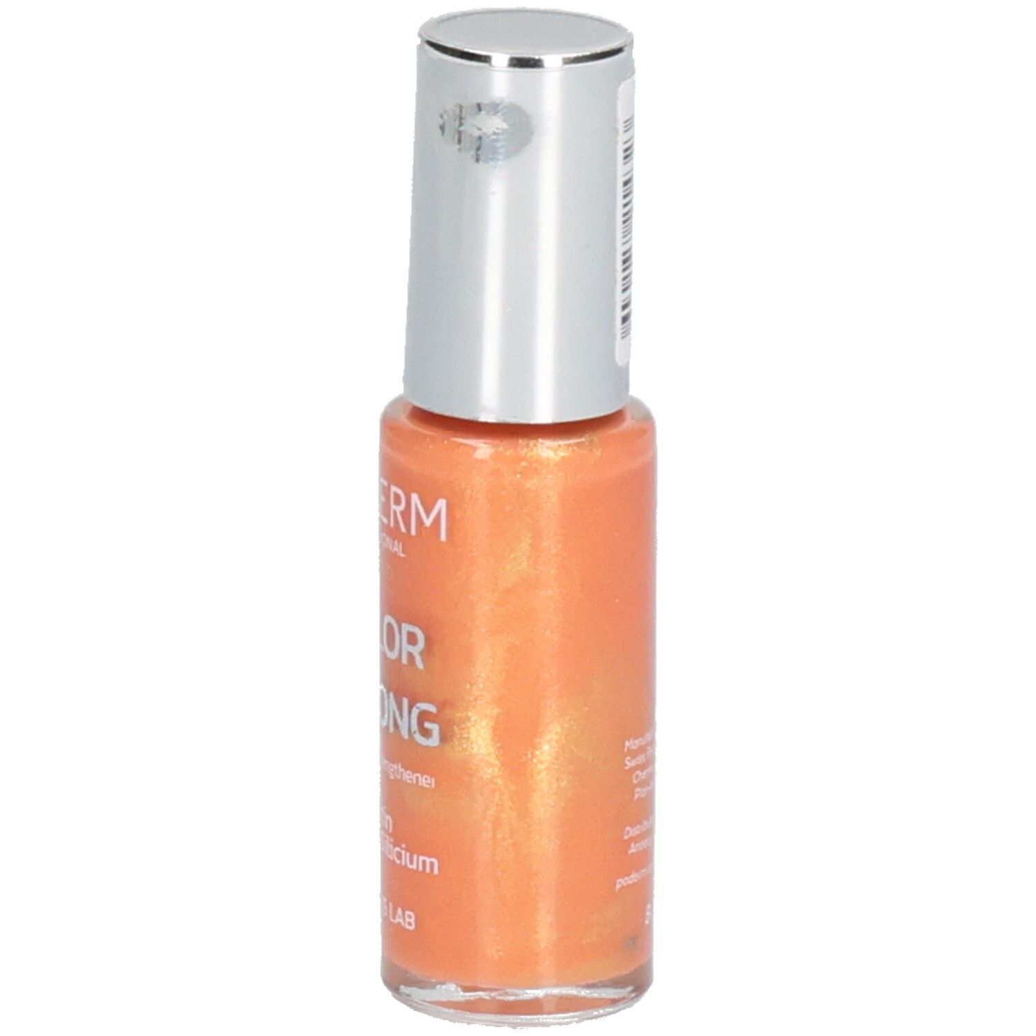 Flacon de vernis à ongles orange, bouchon argenté. Inscriptions : PODERM, COLOR STRONG, Swiss Lab.