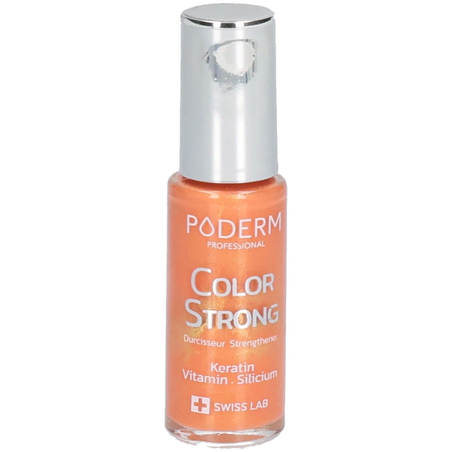 Flacon de vernis à ongles orange, bouchon argenté. Inscriptions : PODERM, COLOR STRONG, Swiss Lab.