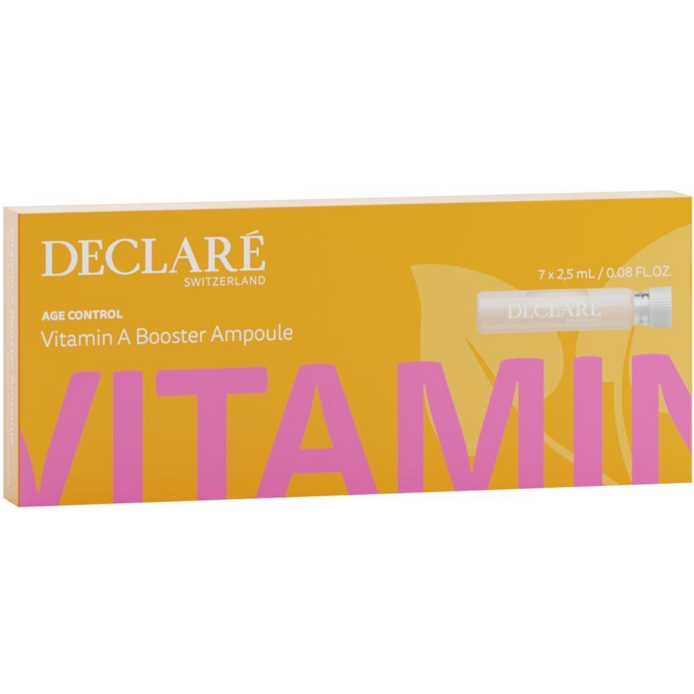 Gele doos met DECLARÉ Vitamin A Booster Ampullen. Roze tekst "VITAMIN". Bevat 7 ampullen.