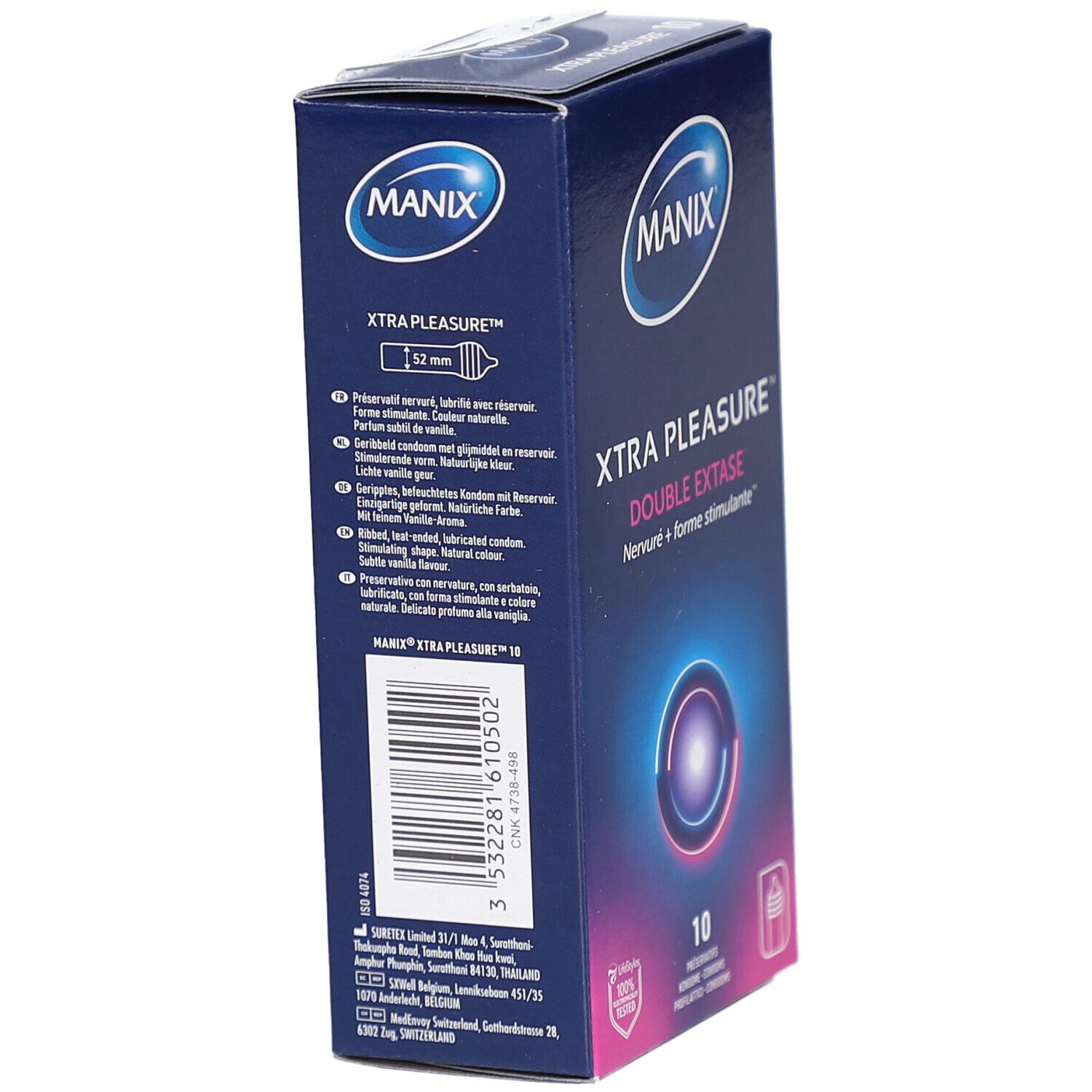 Manix Xtra Pleasure condoomverpakking, zijkant met details.