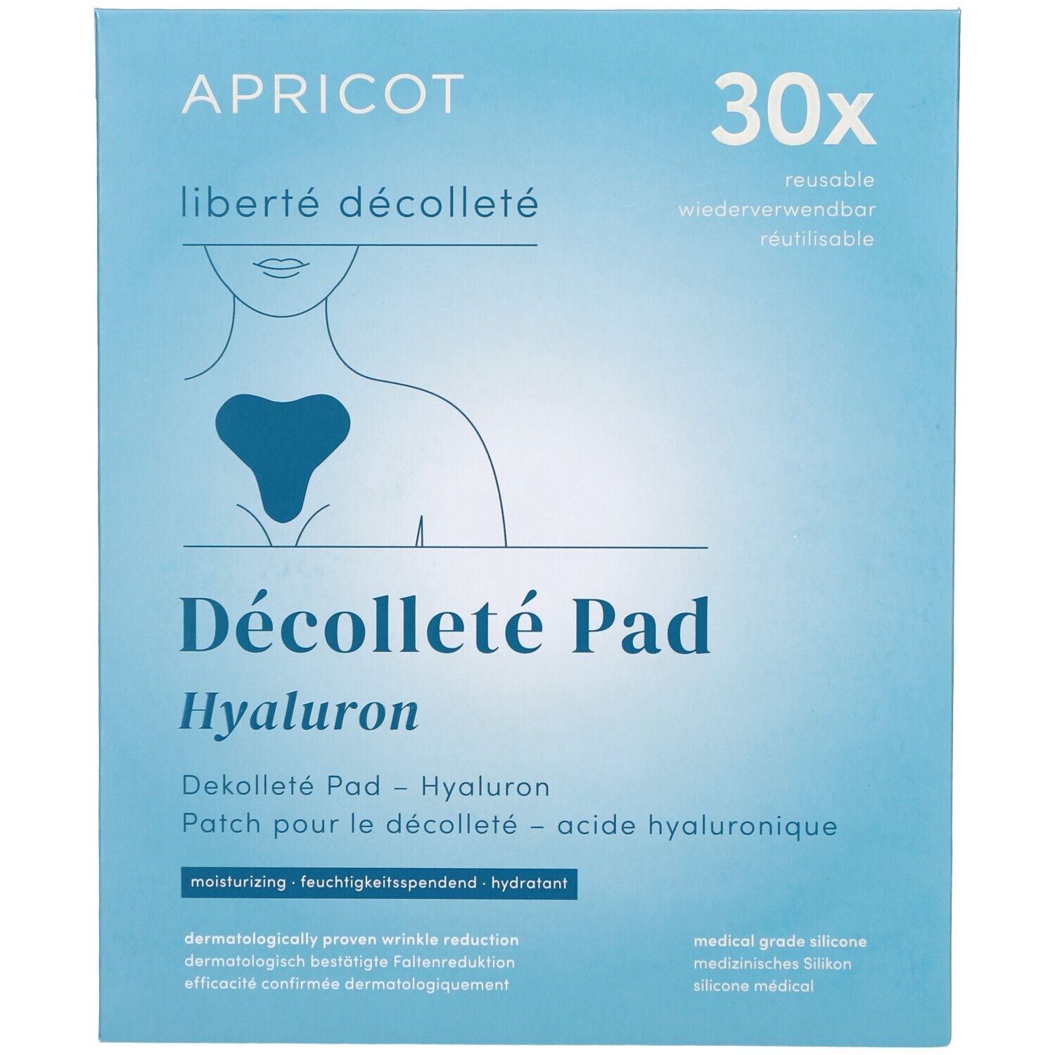 Blauw-witte verpakking met productnaam en beschrijving. Bevat 30 herbruikbare pads. Medische siliconen pads.