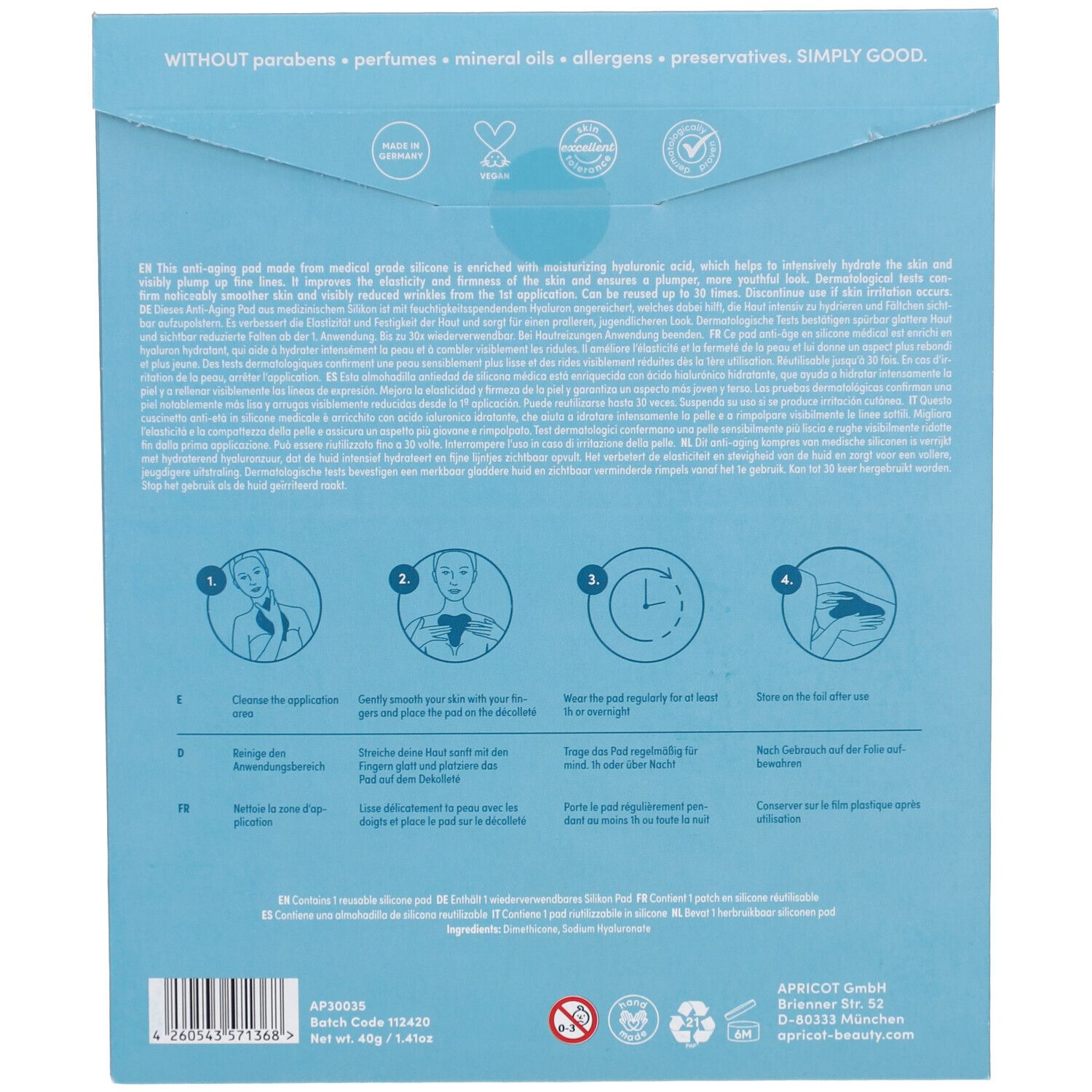 Achterkant van de verpakking met gebruiksaanwijzing en ingrediënten. Gemaakt van medische siliconen.