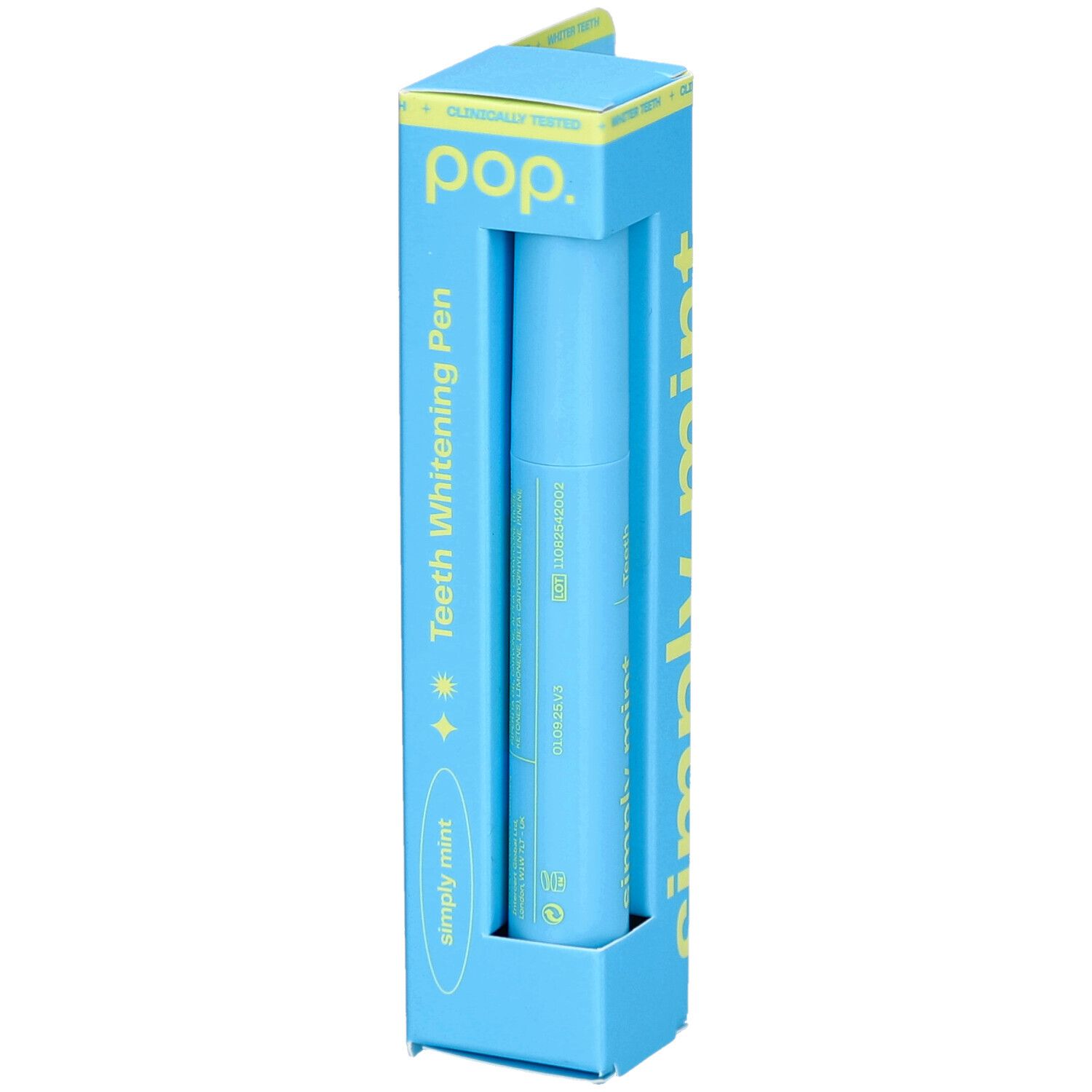 Lichtblauwe verpakking met een lichtblauwe tandenbleekpen. Opschrift: 'pop. Teeth Whitening Pen', 'simply mint'.