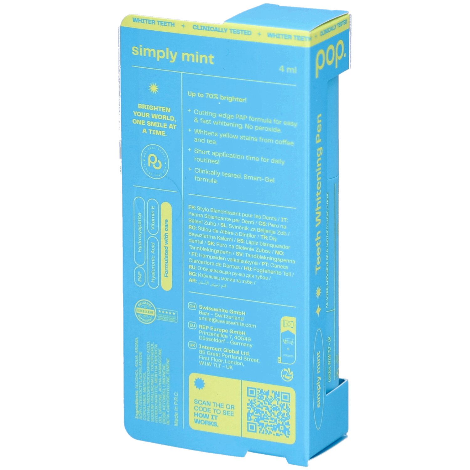 Blauwe verpakking voor een tandenbleekstift genaamd 'simply mint'. Bevat 4 ml.