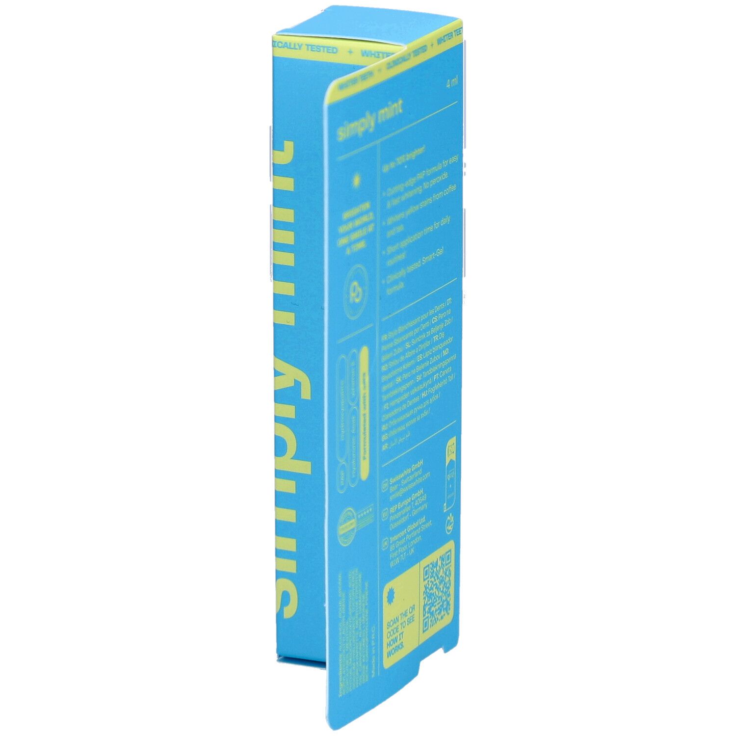 Blauwe verpakking met gele tekst "simply mint". Bevat instructies en een QR-code.