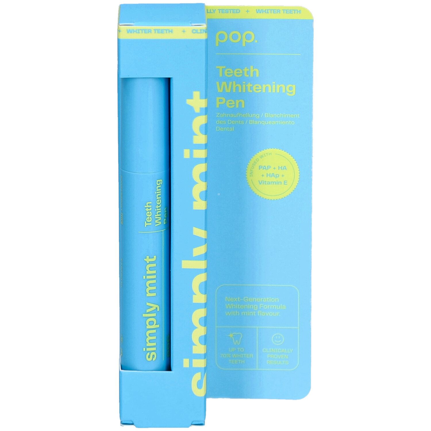 Lichtblauwe verpakking met een lichtblauwe tandenbleekpen. Tekst: 'pop. Teeth Whitening Pen'.