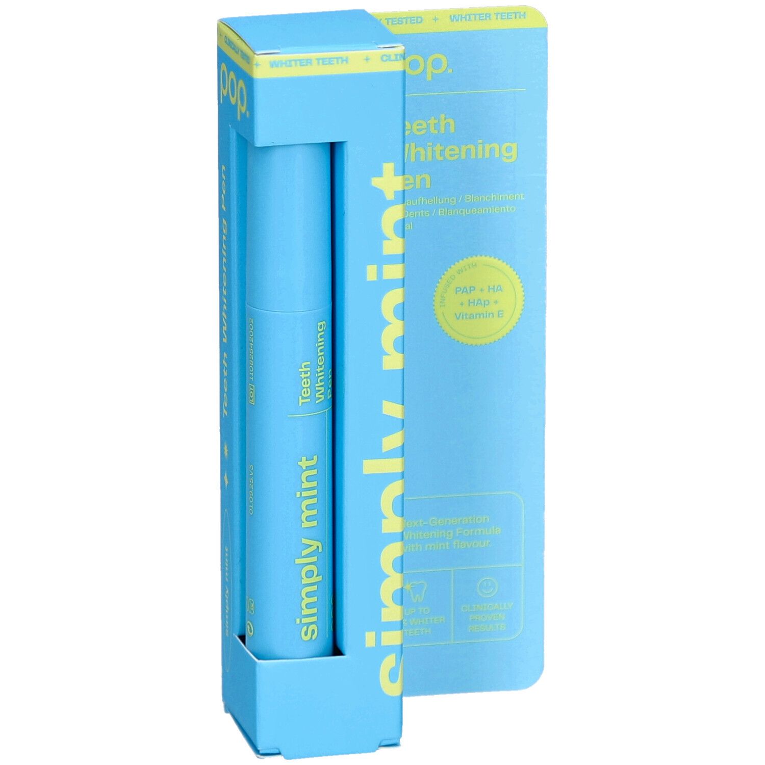 Lichtblauwe verpakking met een lichtblauwe tandenbleekpen. Tekst: 'simply mint', 'Teeth Whitening'.