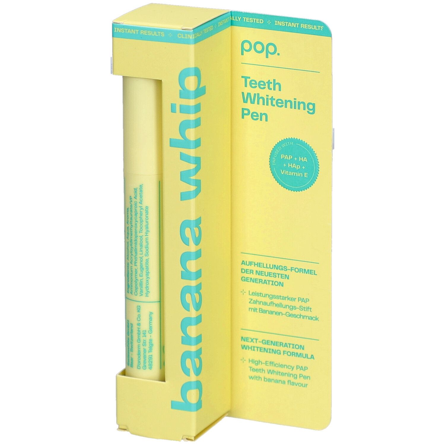 Gele verpakking met Pop whitening pen. Opschrift: Banana Whip. Bevat PAP, HA, vitamine E. Zichtbare productinformatie.