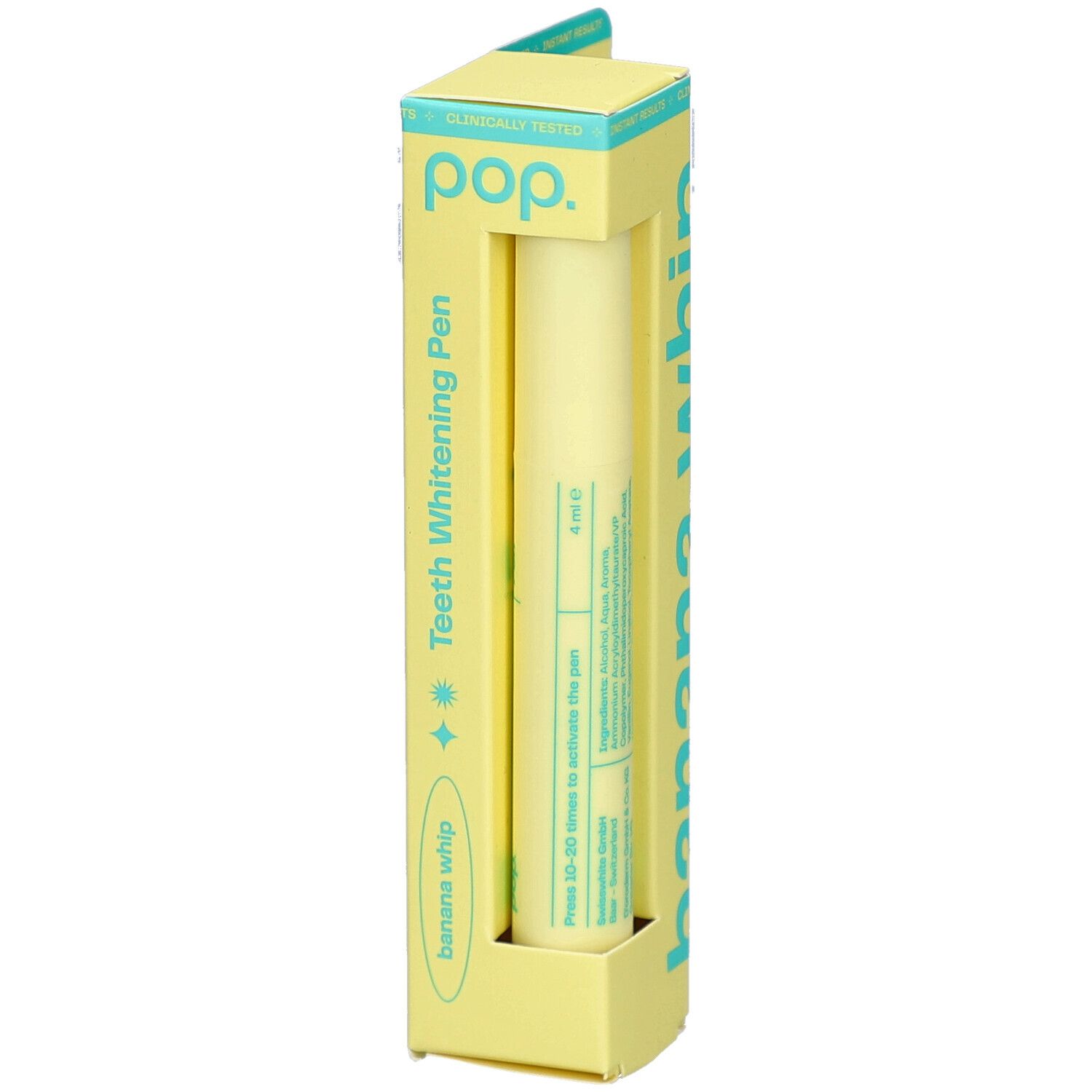 Pop whitening pen in gele verpakking. Opschrift: Banana Whip, 4 ml. Bevat PAP, HA, vitamine E. Product zichtbaar.