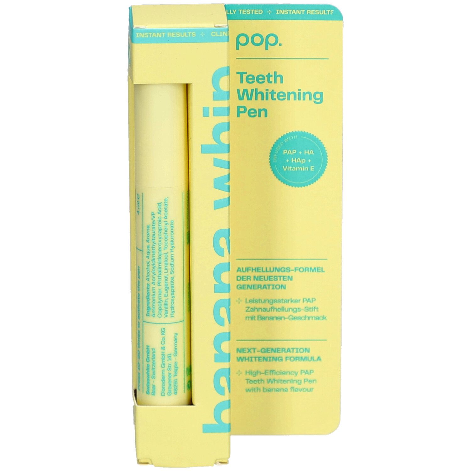 Pop whitening pen in gele verpakking. Opschrift: Banana Whip. Bevat PAP, HA, vitamine E. Product zichtbaar.