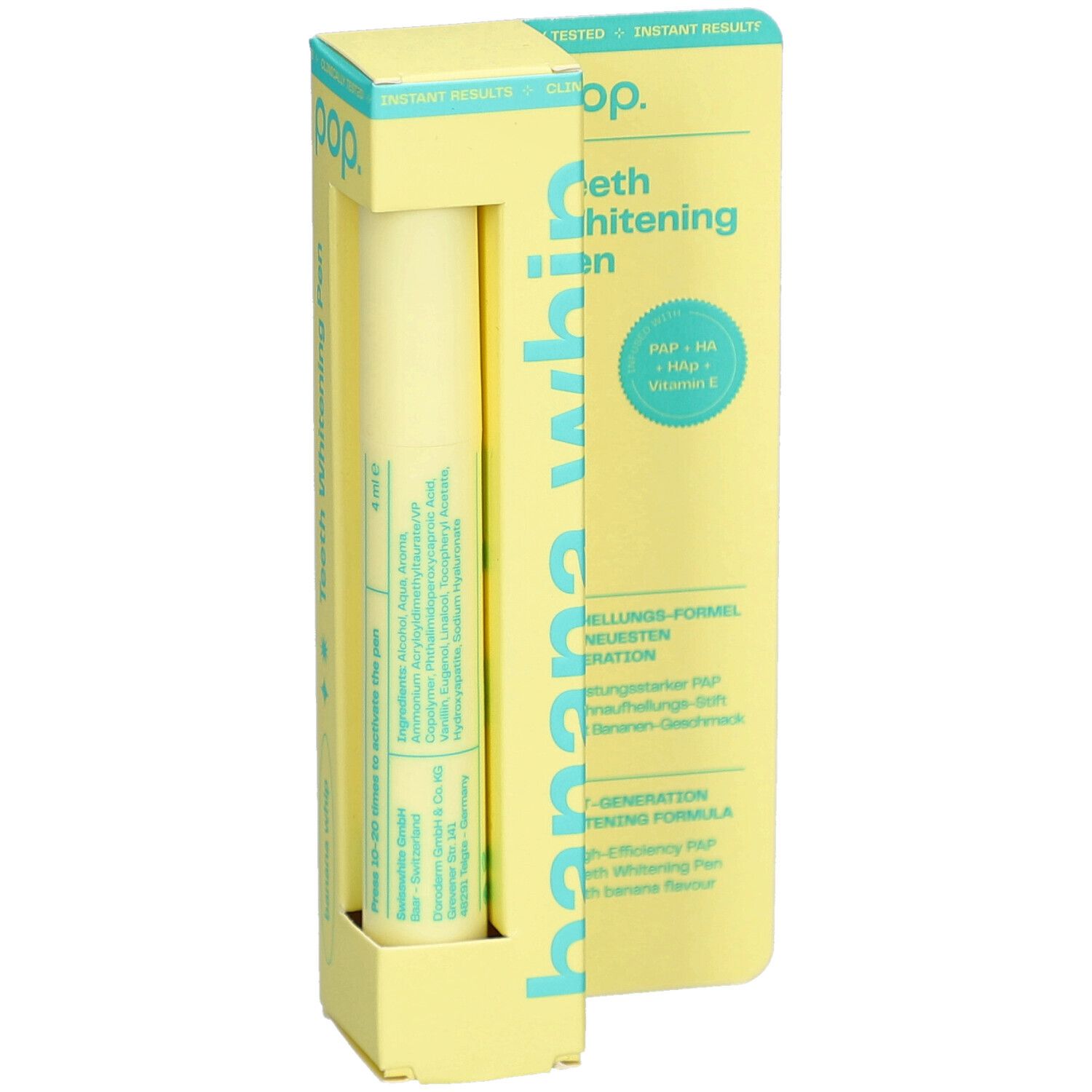Pop whitening pen in gele verpakking. Opschrift: Banana Whip. Bevat PAP, HA, vitamine E. Product zichtbaar.