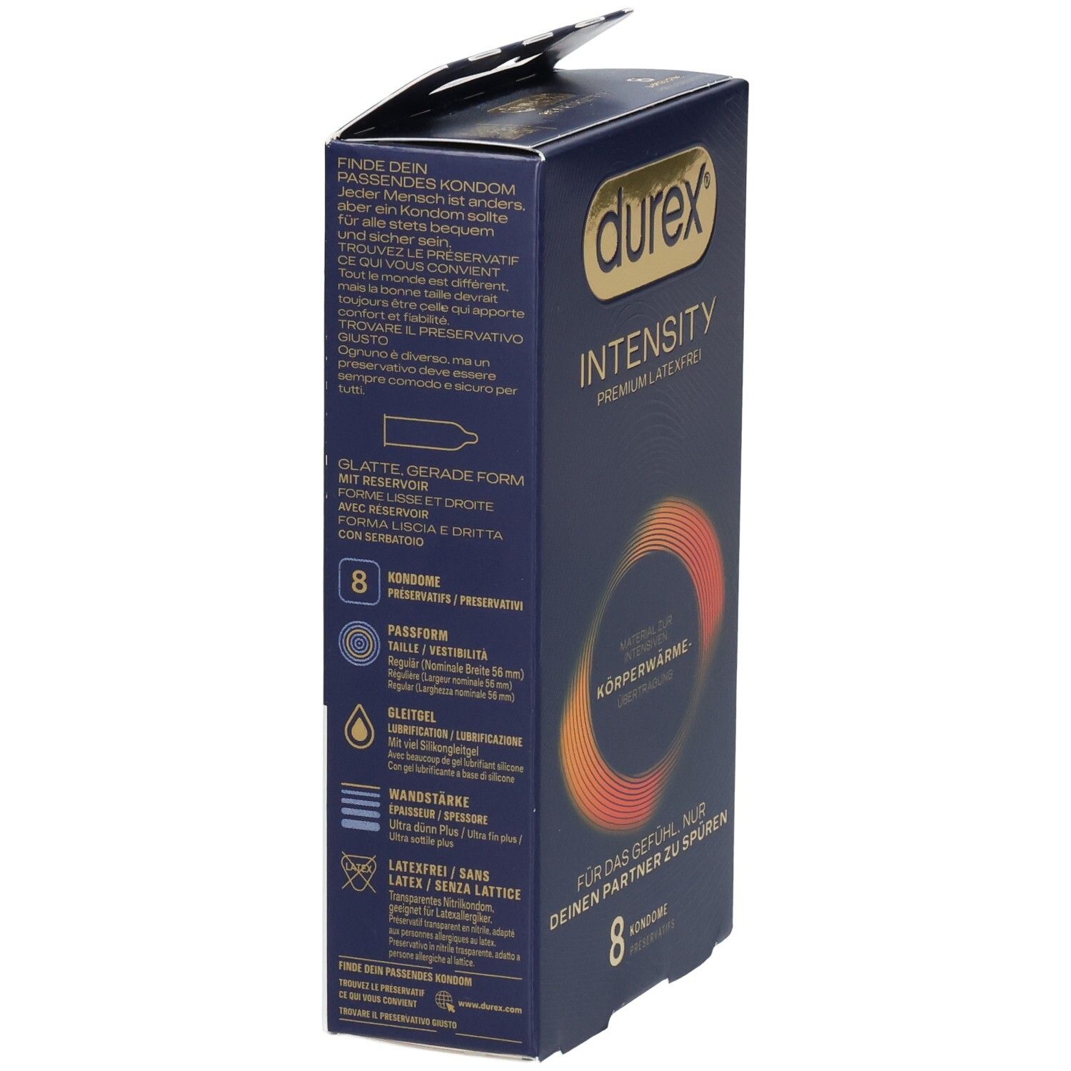 Durex Intensiti condoom verpakking, 8 stuks, latexvrij.