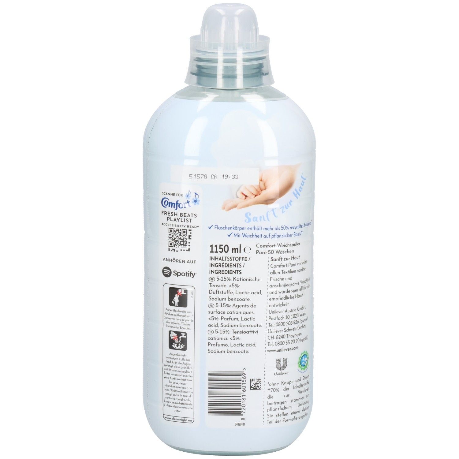 Bouteille en plastique blanc avec étiquette bleu clair. Contient 1150 ml d'adoucissant. Marque : Comfort.
