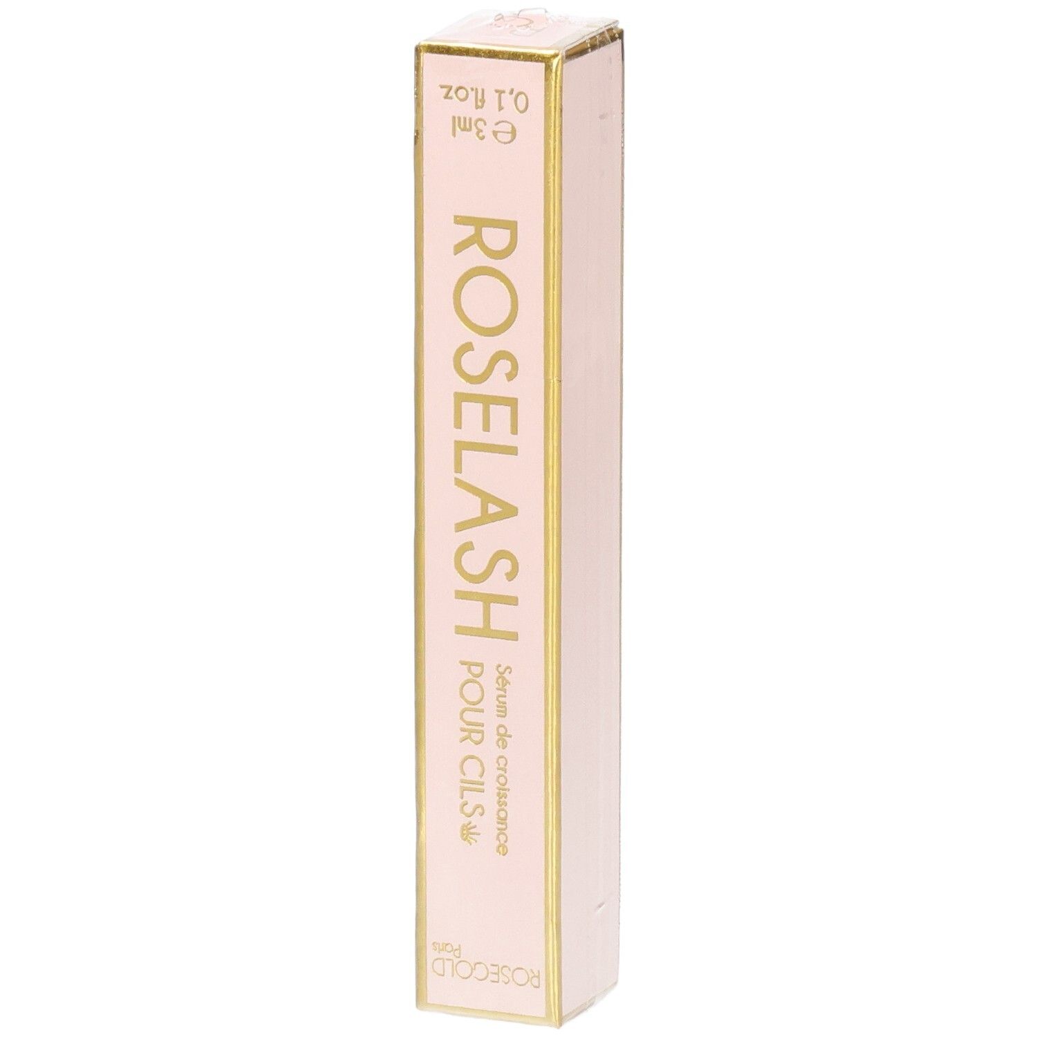 Roze en gouden verpakking van Roselash Sérum Cils. Tekst: ROSE LASH POUR CILS. Inhoud: 3ml.