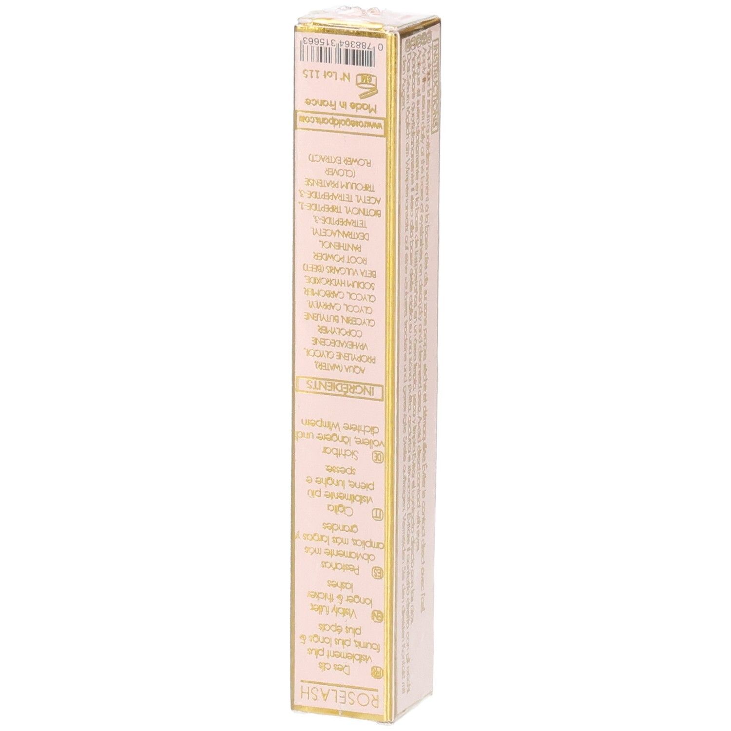 Achterkant van de verpakking van Roselash Sérum Cils. Meertalige tekst. Ingrediënten en informatie.