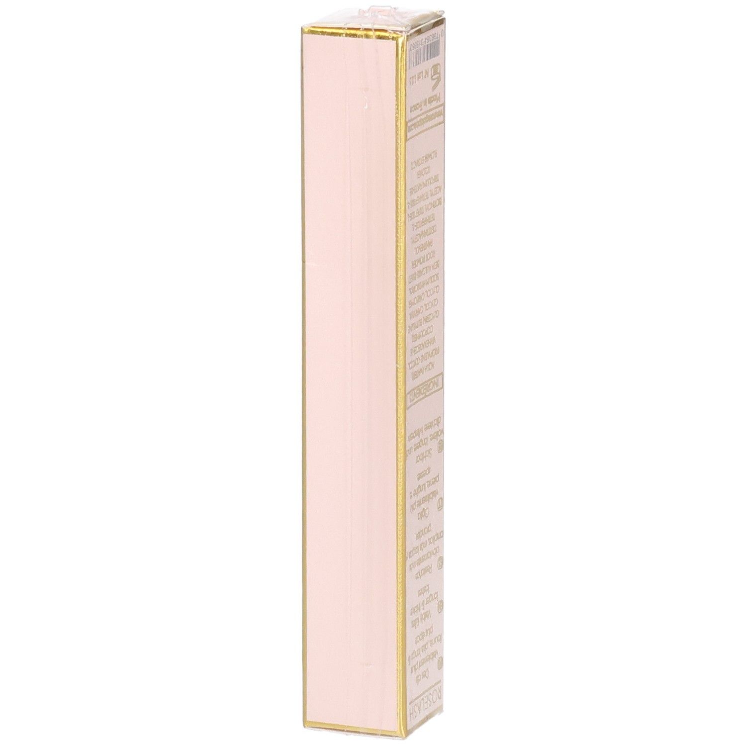 Zijaanzicht van de verpakking van Roselash Sérum Cils. Roze en goud. Tekst onleesbaar.