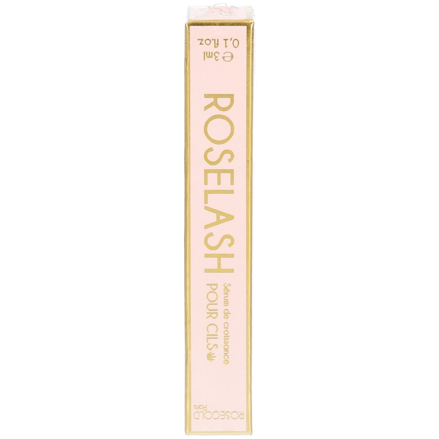 Roze en gouden verpakking van Roselash Sérum Cils. Tekst: ROSE LASH POUR CILS. Inhoud: 3ml.