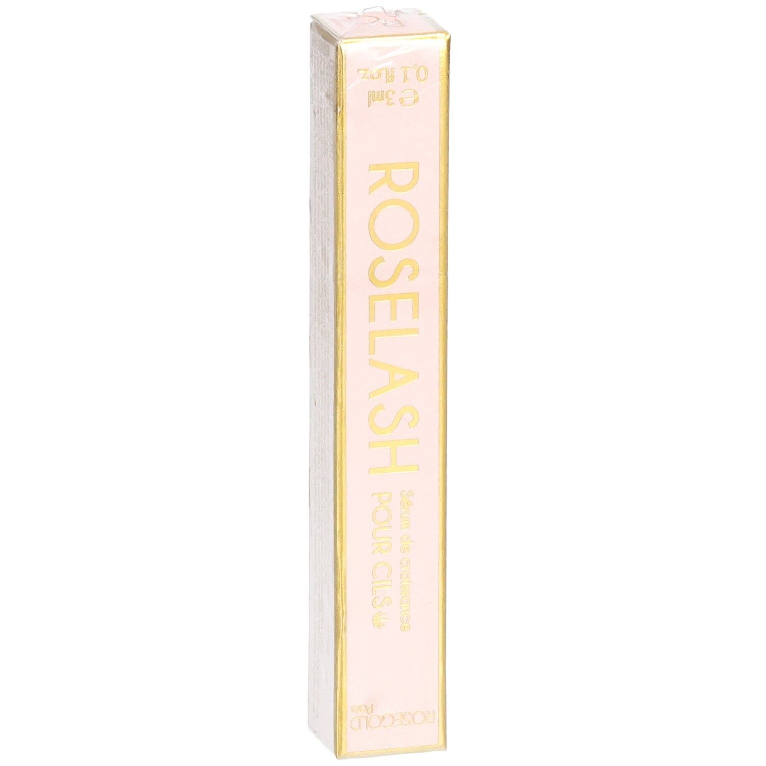 Roze en gouden verpakking van Roselash Sérum Cils. Tekst: ROSE LASH POUR CILS. Inhoud: 3ml.