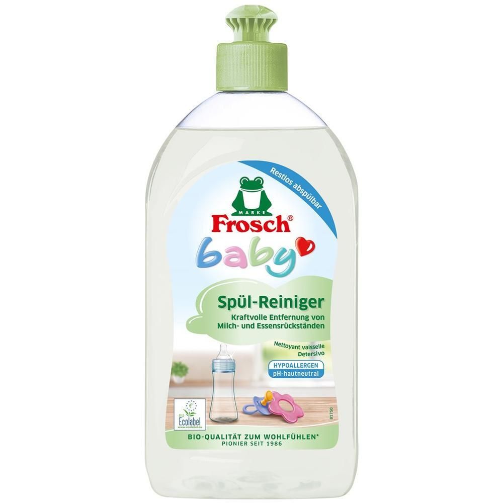 Fles afwasmiddel met groene dop. Opschrift "Frosch baby". Etiket met babyfles en fopspeen. Bio-kwaliteit.