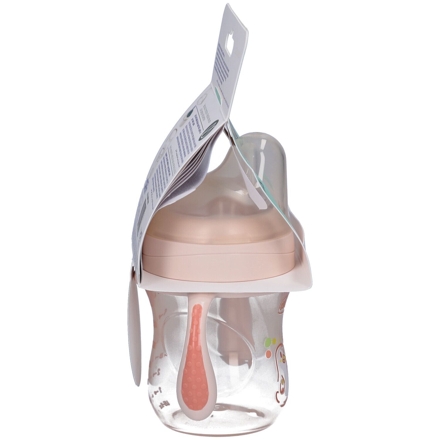 Gobelet de transition Chicco rose, vue latérale. Avec poignées, tétine et emballage. Échelle en ml.