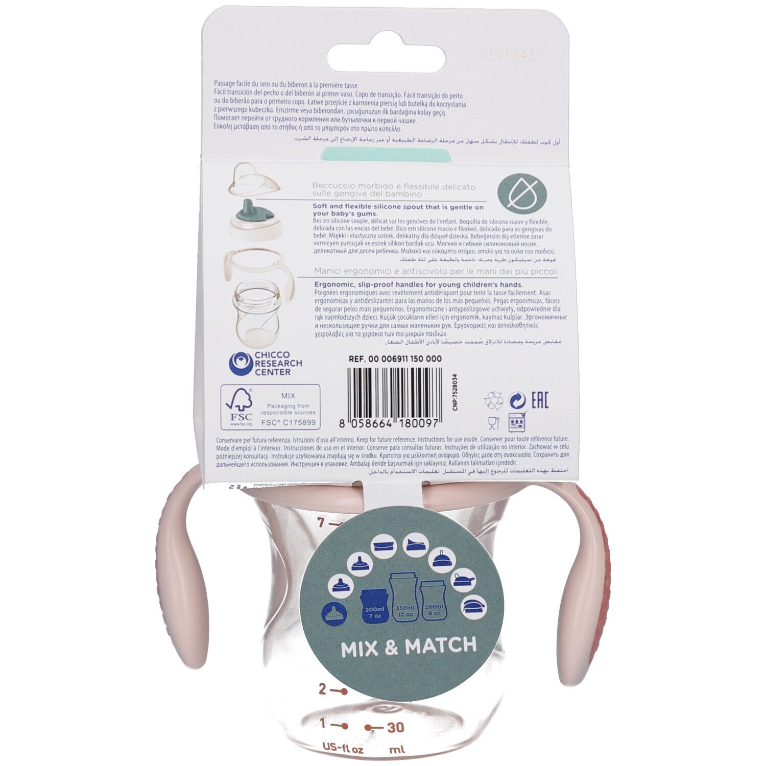 Dos de l'emballage du gobelet de transition Chicco. Informations et logos du produit. Certification FSC.