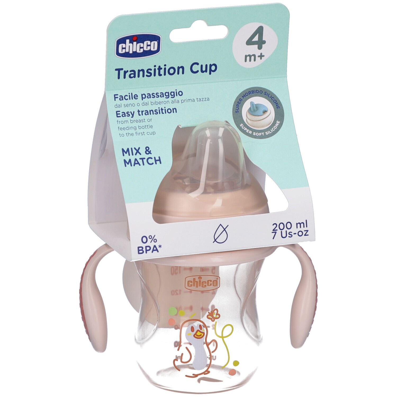 Gobelet de transition Chicco rose, avec poignées et tétine. Emballage. Âge 4m+. Sans BPA. 200 ml.