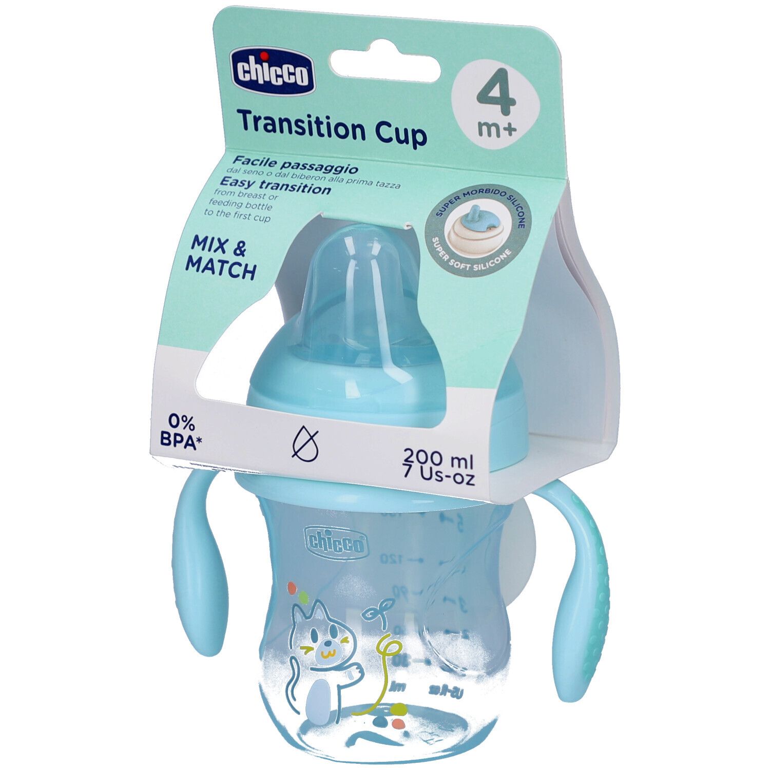 Gobelet de transition bleu avec poignées et tétine. Emballage avec nom et logo du produit. 200 ml.