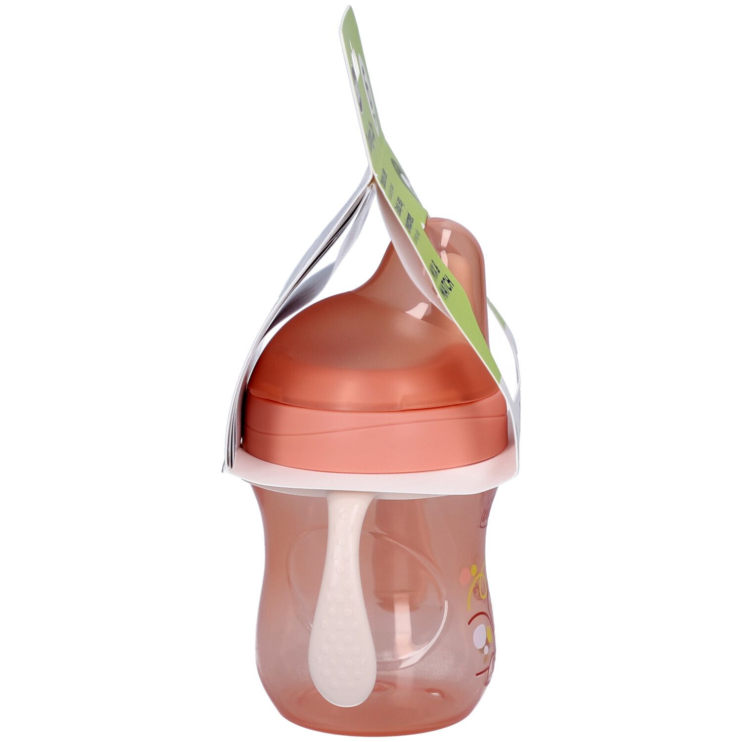 Vue latérale du gobelet d'apprentissage Chicco rose avec bec et paille. Emballage.