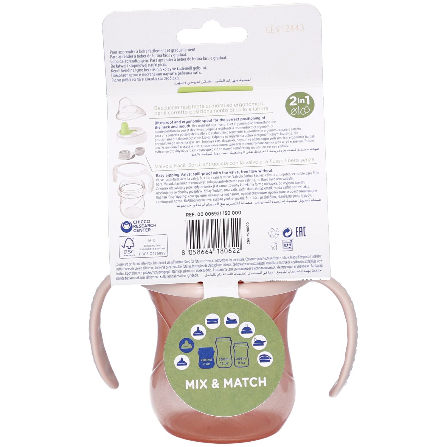 Dos de l'emballage du gobelet d'apprentissage Chicco rose. Informations et logos.