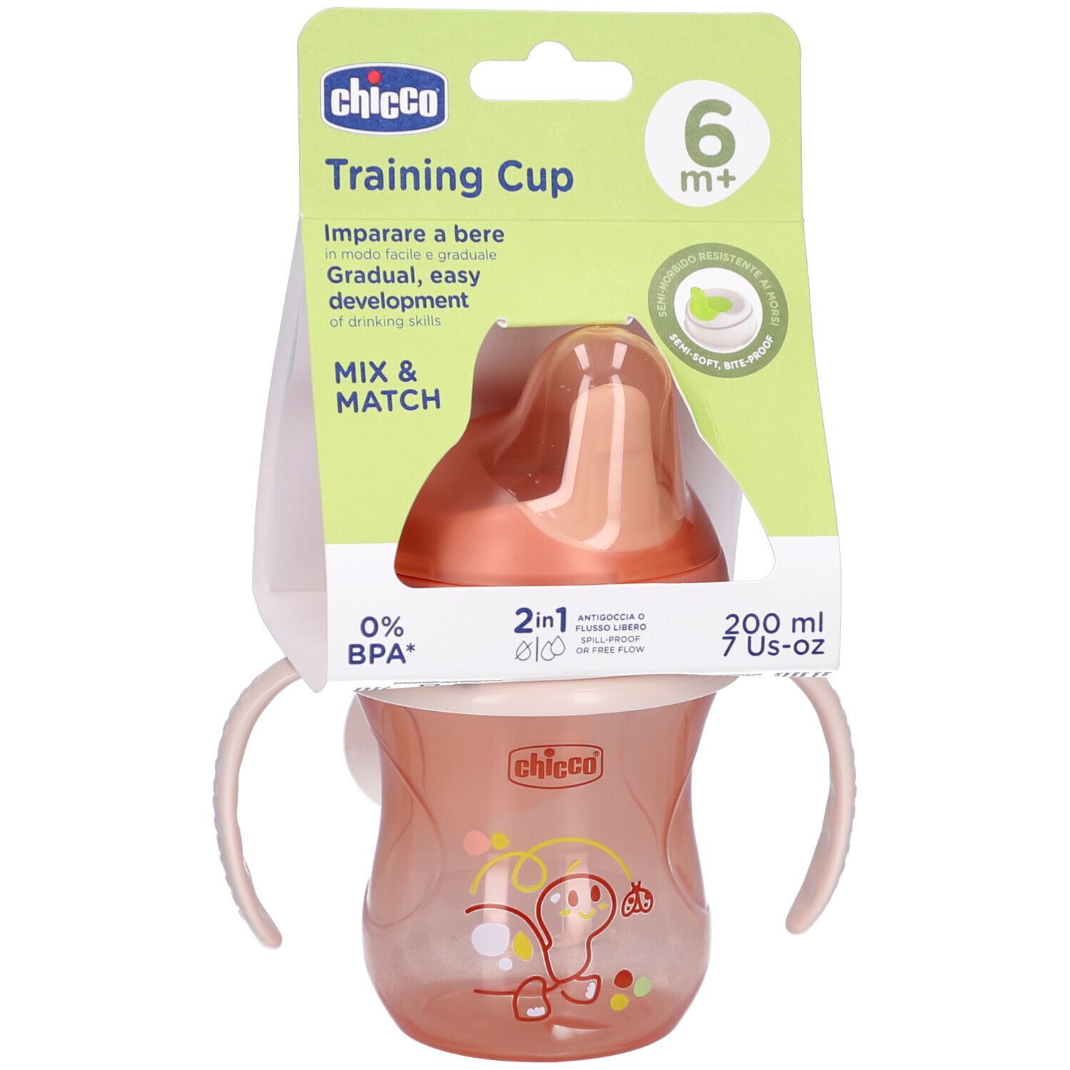 Gobelet d'apprentissage Chicco rose avec poignées et bec. Emballage avec informations produit.