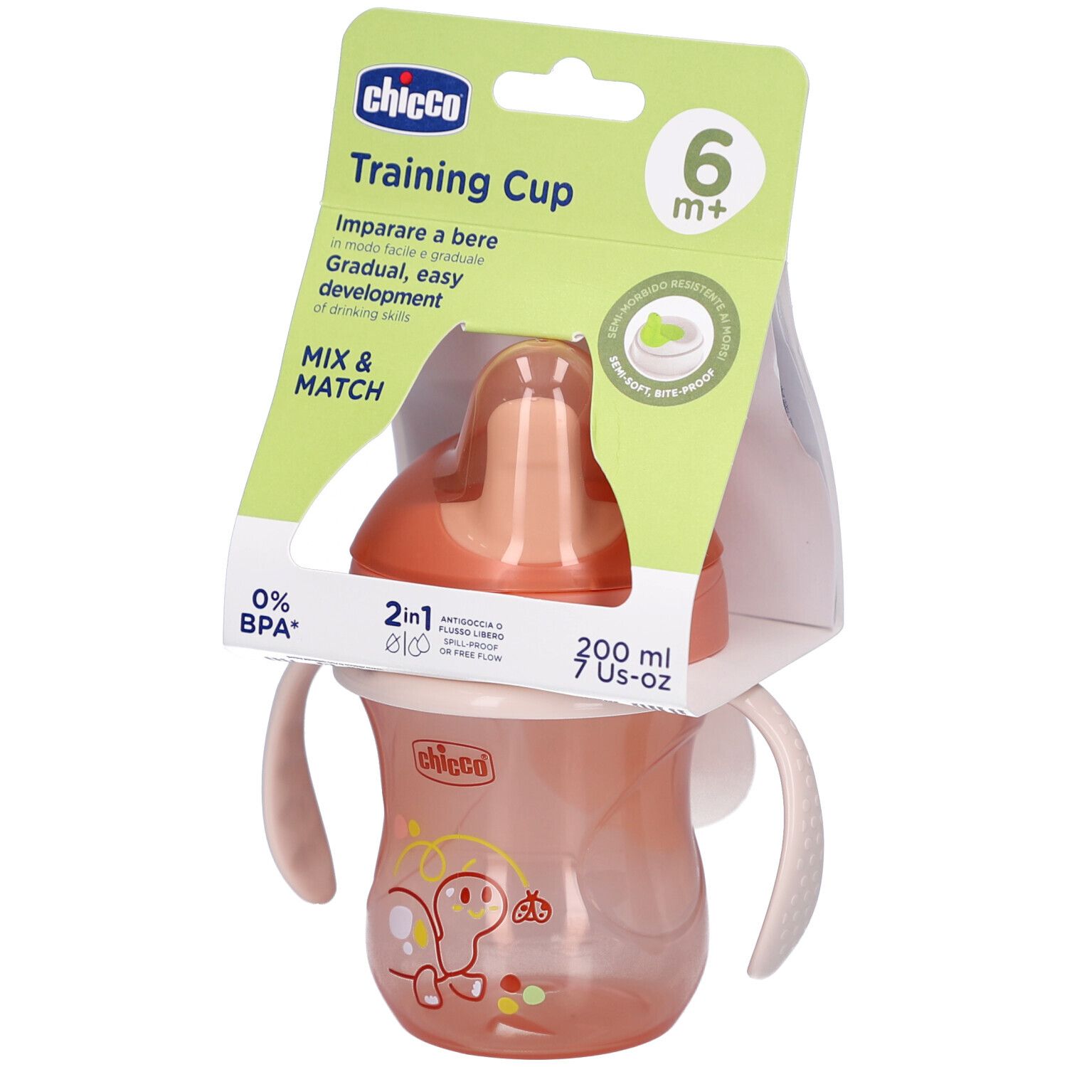 Gobelet d'apprentissage Chicco rose avec poignées et bec. Emballage avec informations produit.