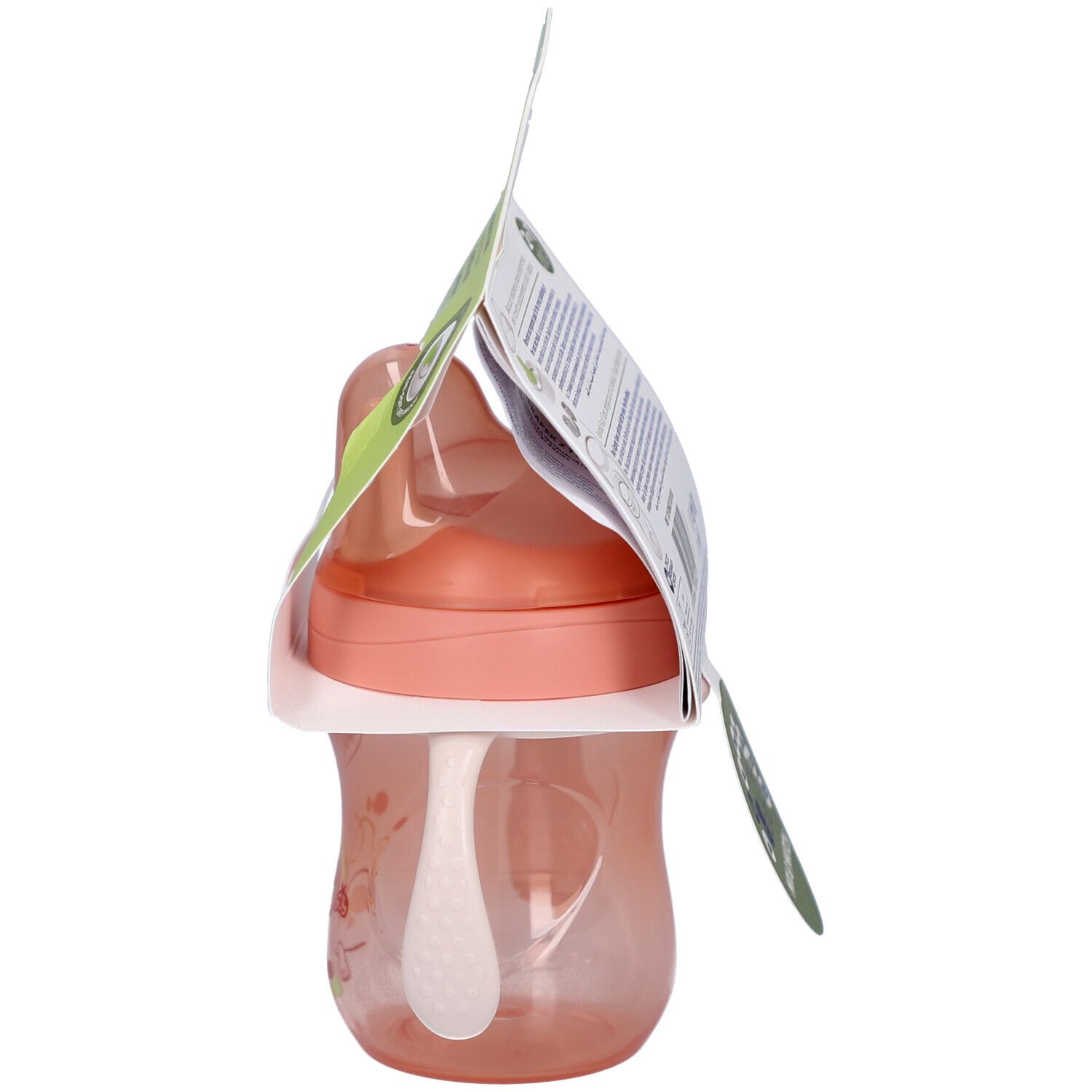 Vue latérale du gobelet d'apprentissage Chicco rose avec bec et paille. Emballage.