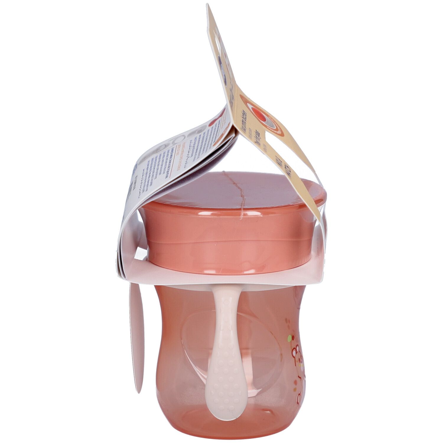 Vue latérale du gobelet rose avec poignées. Emballage avec informations sur le produit.