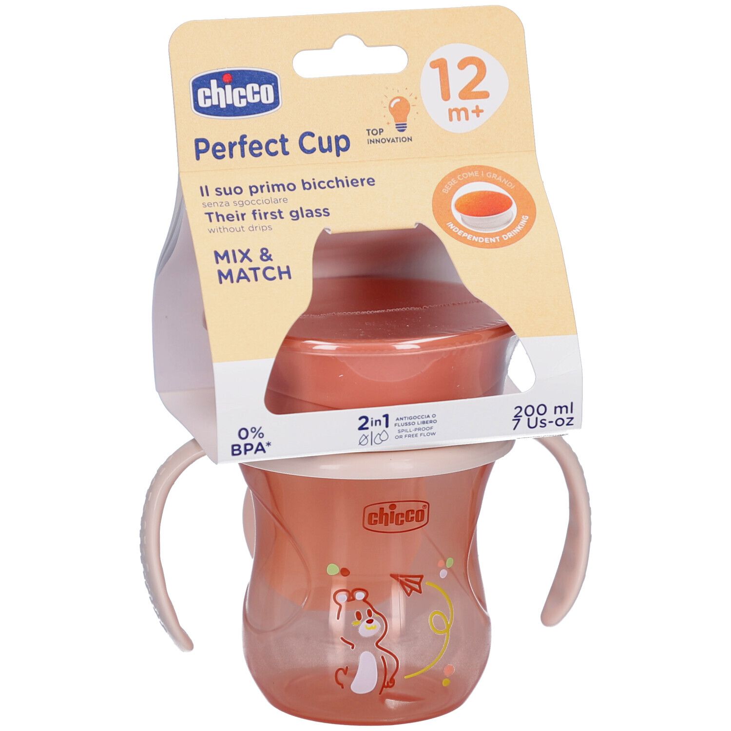 Gobelet d'apprentissage rose avec poignées. Emballage avec nom du produit et recommandation d'âge 12m+. Marque Chicco.