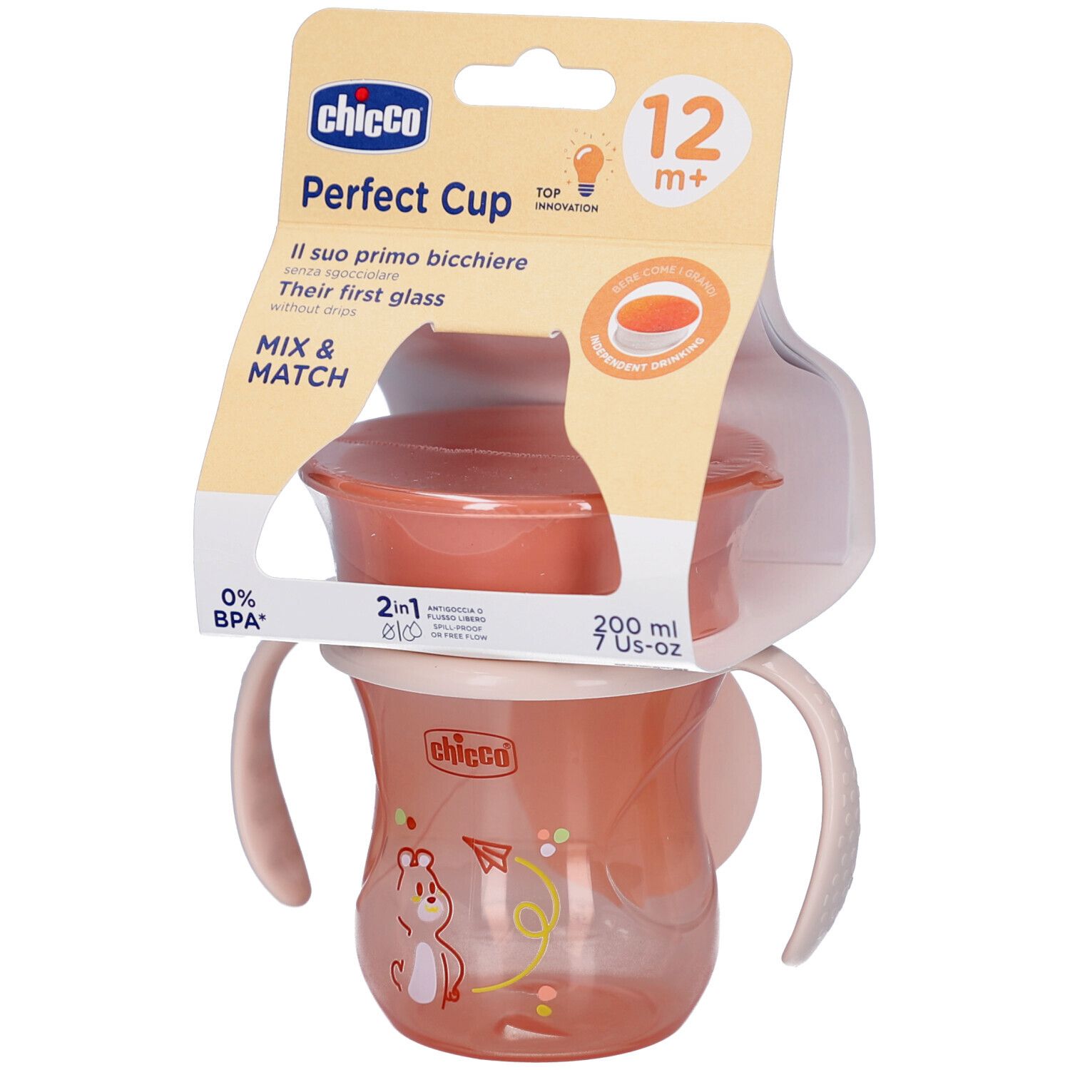 Gobelet d'apprentissage rose avec poignées. Emballage avec nom du produit et recommandation d'âge 12m+. Marque Chicco.