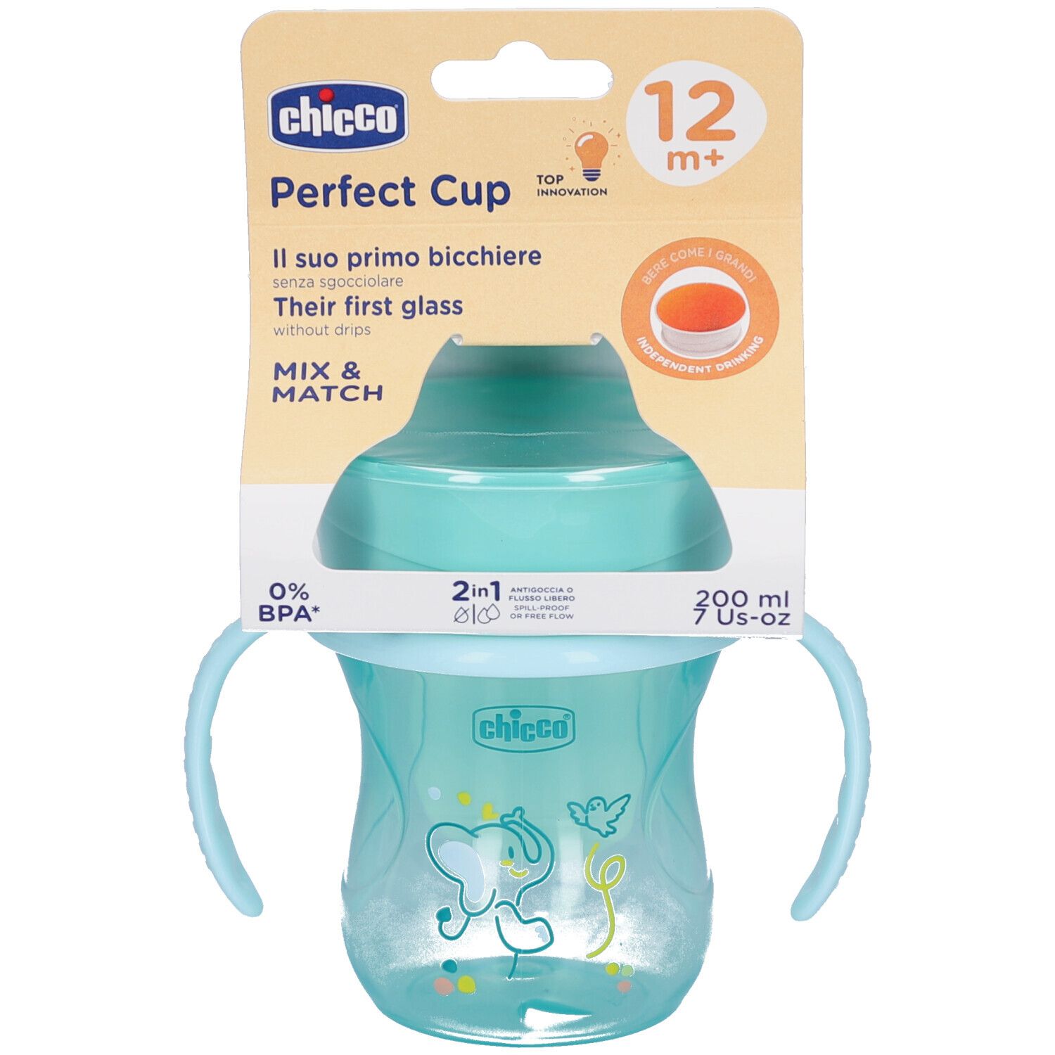 Gobelet d'apprentissage bleu-turquoise avec anses. Emballage avec nom du produit et recommandation d'âge. 200 ml.