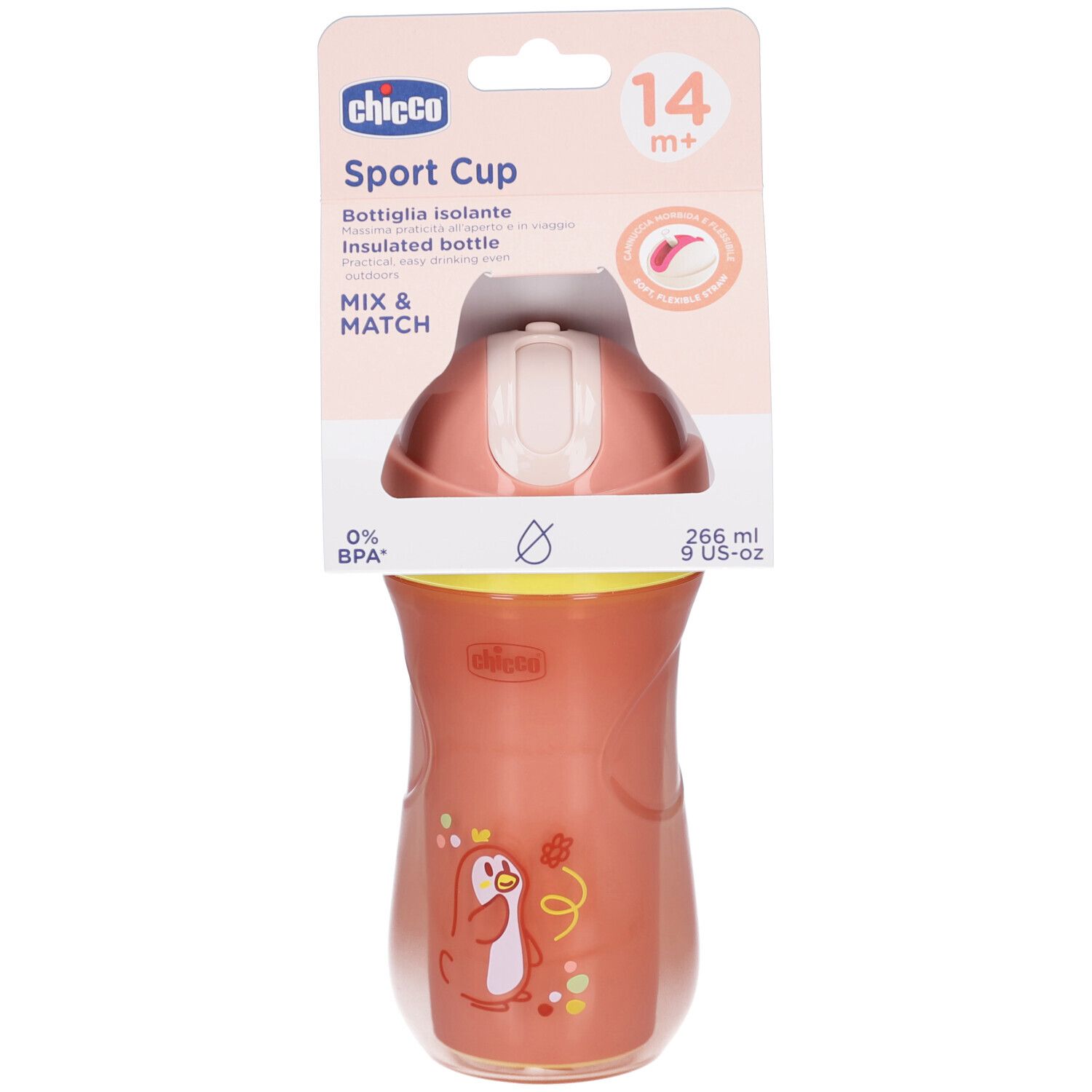 Gourde isotherme rose avec paille et couvercle. Illustration de pingouin. Emballage avec nom du produit et recommandation d'âge.