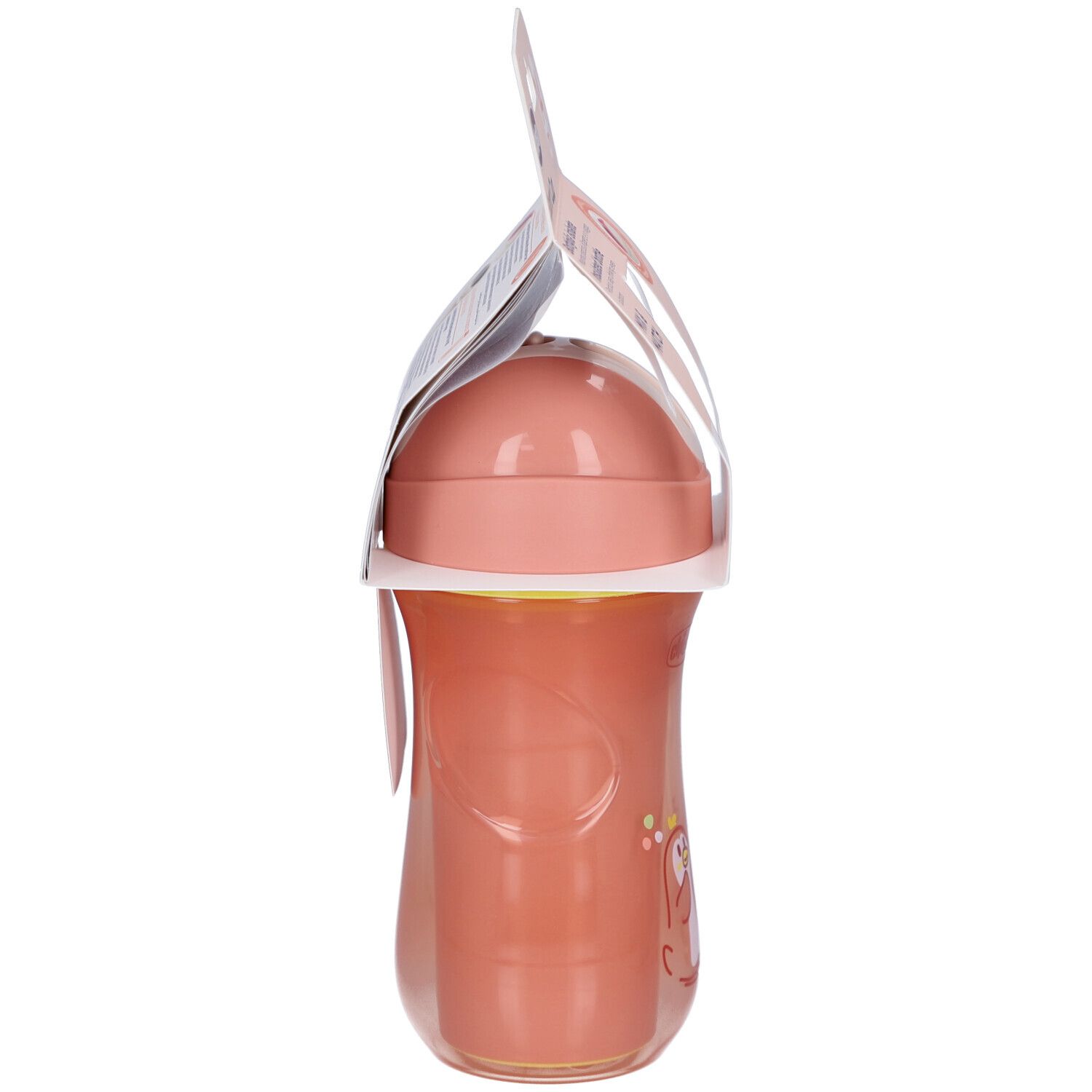 Vue latérale de la gourde isotherme rose avec paille. Produit dans son emballage. Détails de la forme et du design.