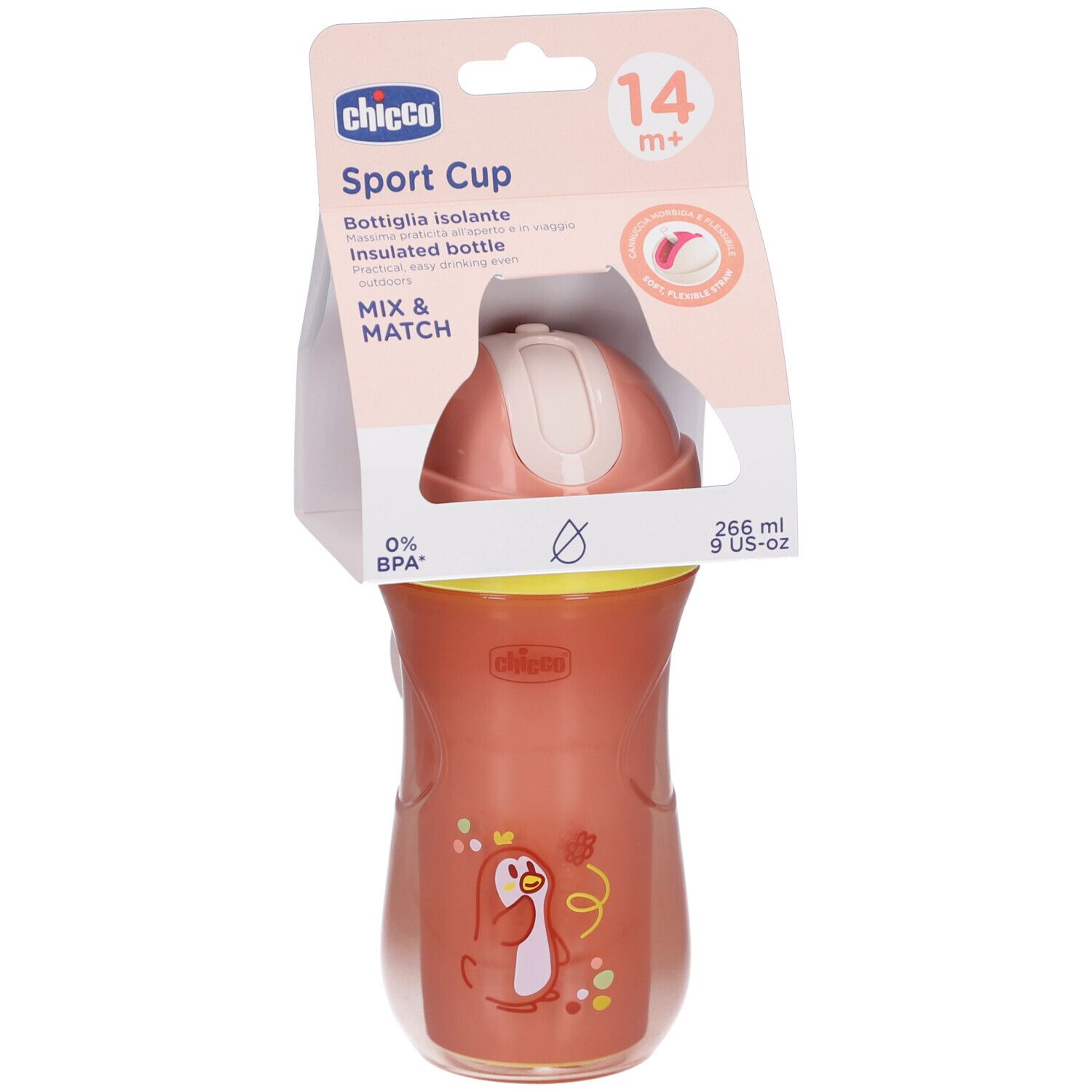 Gourde isotherme rose avec paille et couvercle. Illustration de pingouin. Emballage avec nom du produit et recommandation d'âge.