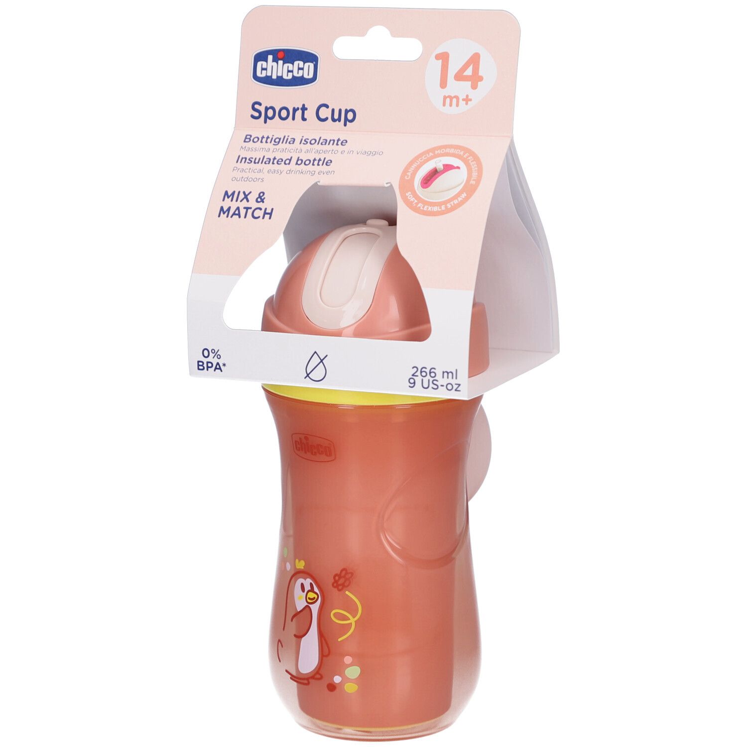 Gourde isotherme rose avec paille et couvercle. Illustration de pingouin. Emballage avec nom du produit et recommandation d'âge.