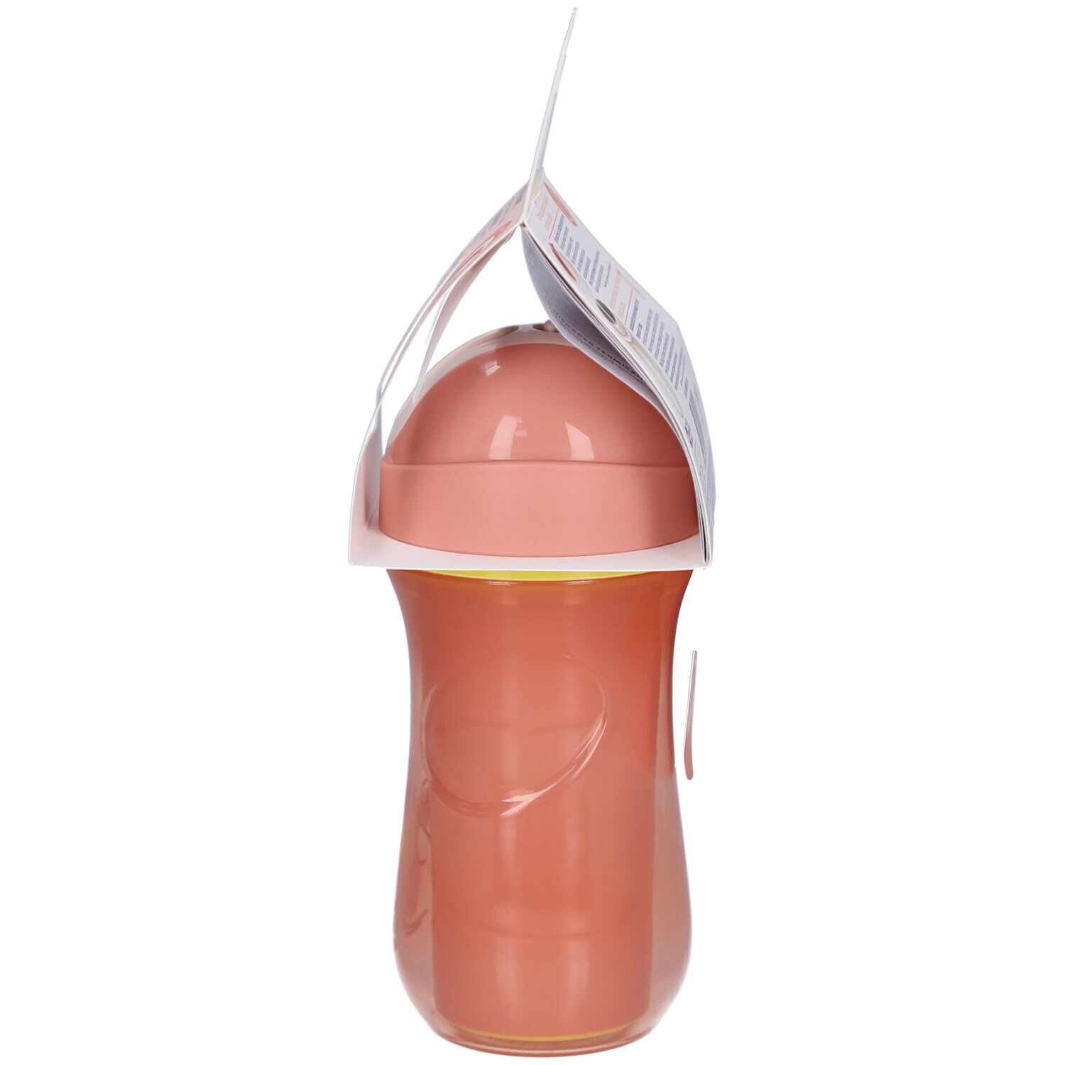 Vue latérale de la gourde isotherme rose avec paille. Produit dans son emballage. Détails de la forme et du design.