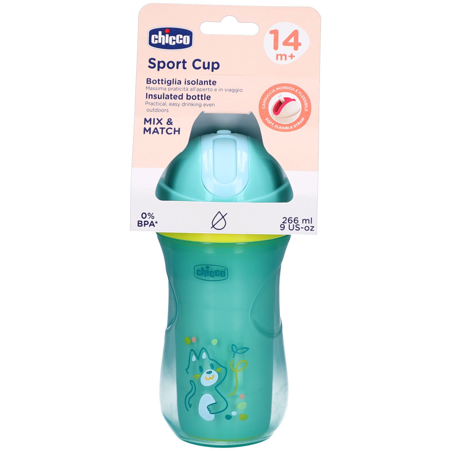 Gourde isotherme turquoise avec couvercle et paille. Emballage avec informations produit. Sans BPA. 266 ml.