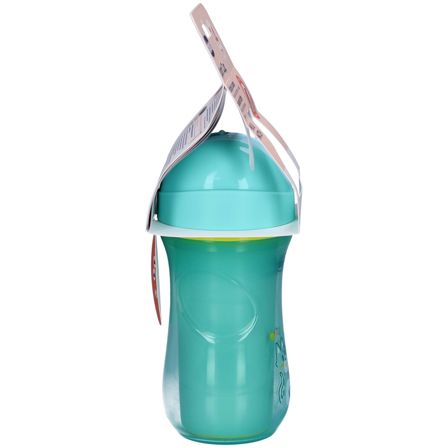 Gourde isotherme turquoise avec couvercle et paille. Vue latérale avec emballage. Sans BPA.