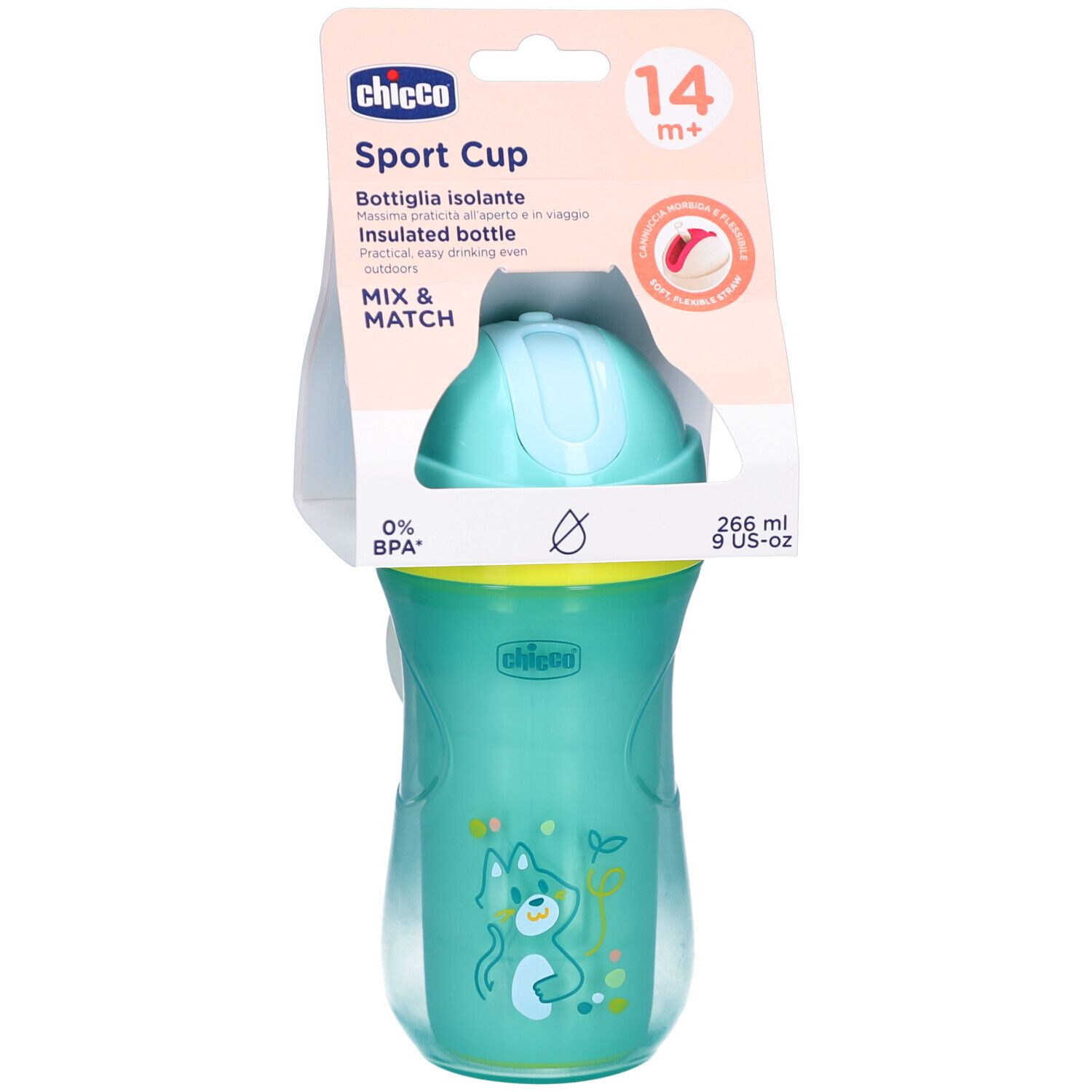 Gourde isotherme turquoise avec couvercle et paille. Emballage avec informations produit. Sans BPA. 266 ml.