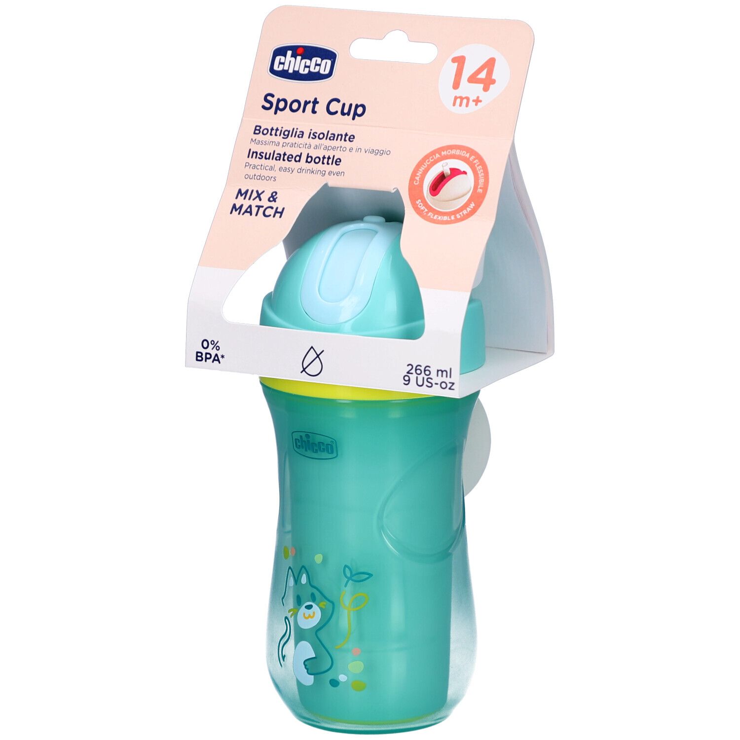 Gourde isotherme turquoise avec couvercle et paille. Emballage avec informations produit. Sans BPA. 266 ml.