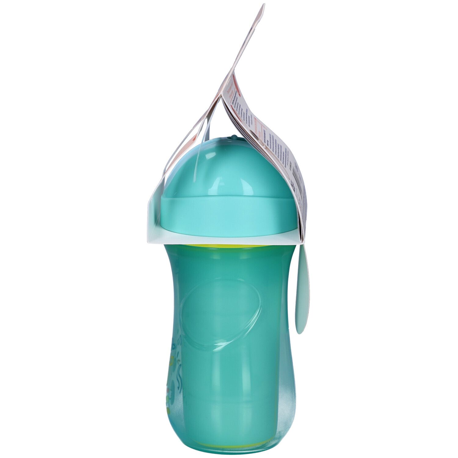 Gourde isotherme turquoise avec couvercle et paille. Vue latérale avec emballage. Sans BPA.