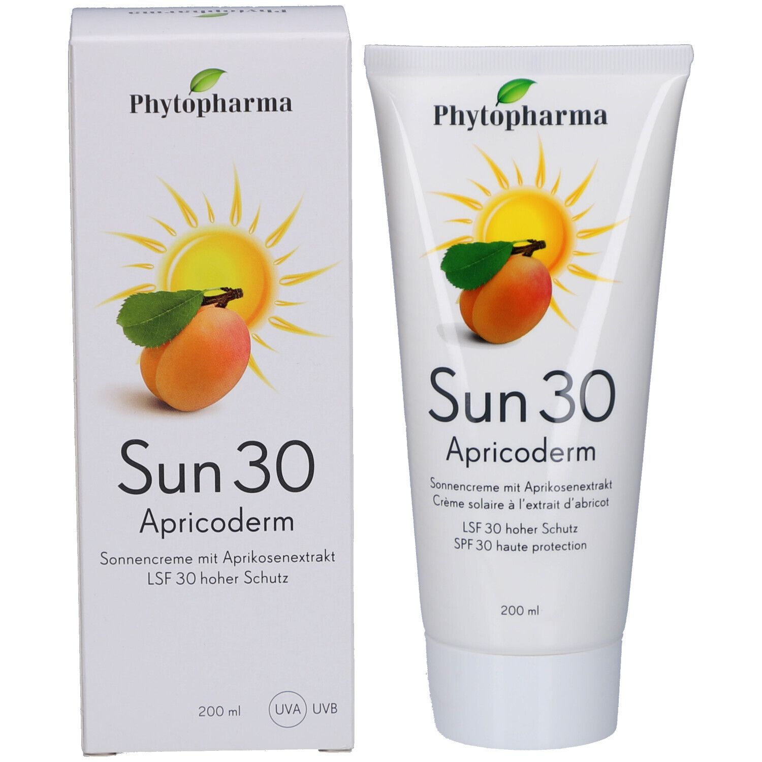 Zonnecrèmetube en doos. Opschrift: Phytopharma, Sun 30 Apricoderm, zonnecrème, SPF 30. Afbeelding: abrikoos en zon.