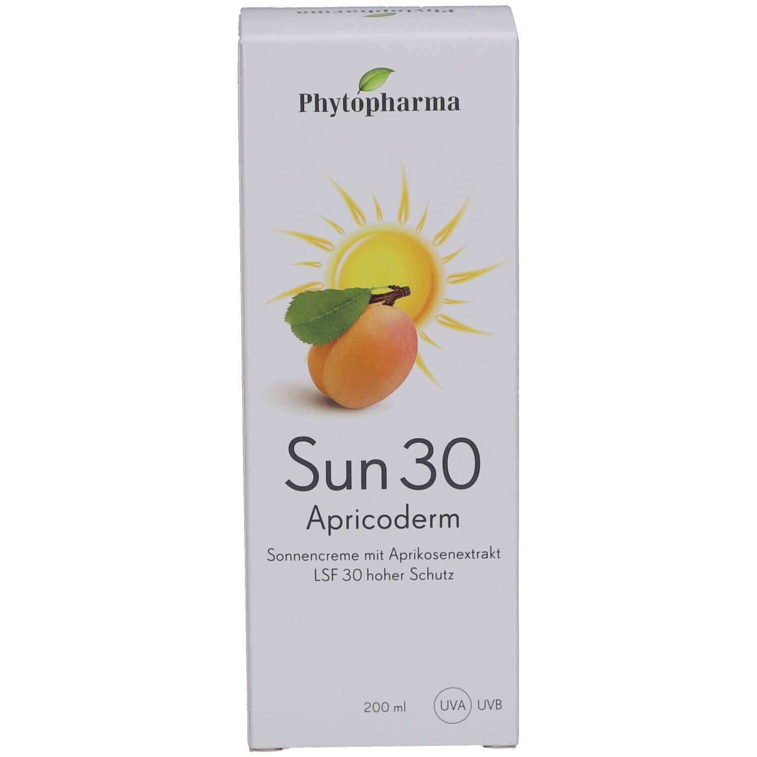Doos met zonnecrème. Opschrift: Phytopharma, Sun 30 Apricoderm, zonnecrème, SPF 30. Afbeelding: abrikoos en zon.