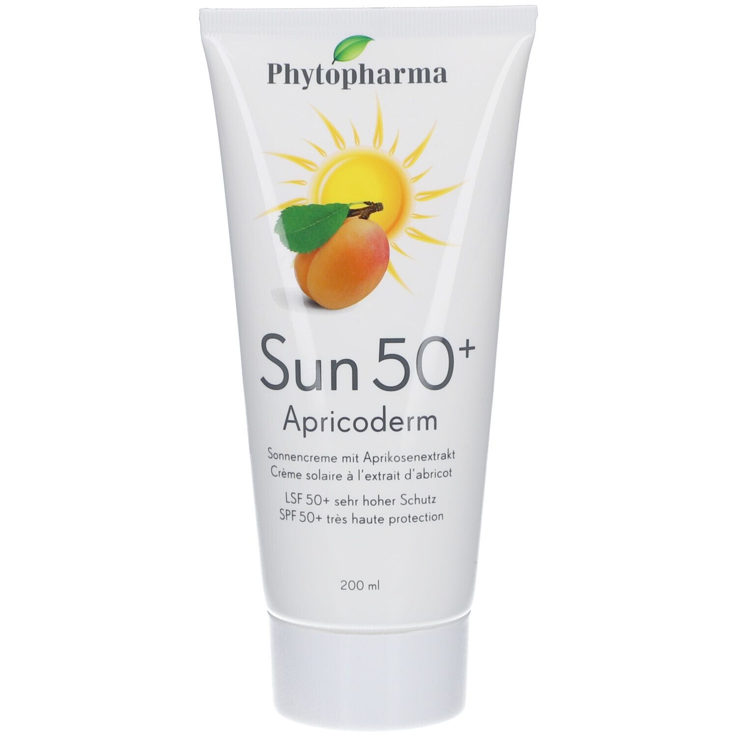 Witte tube zonnecrème. Opdruk: merk, zonmotief, abrikoos, productnaam, SPF 50+, 200 ml. Witte schroefdop.