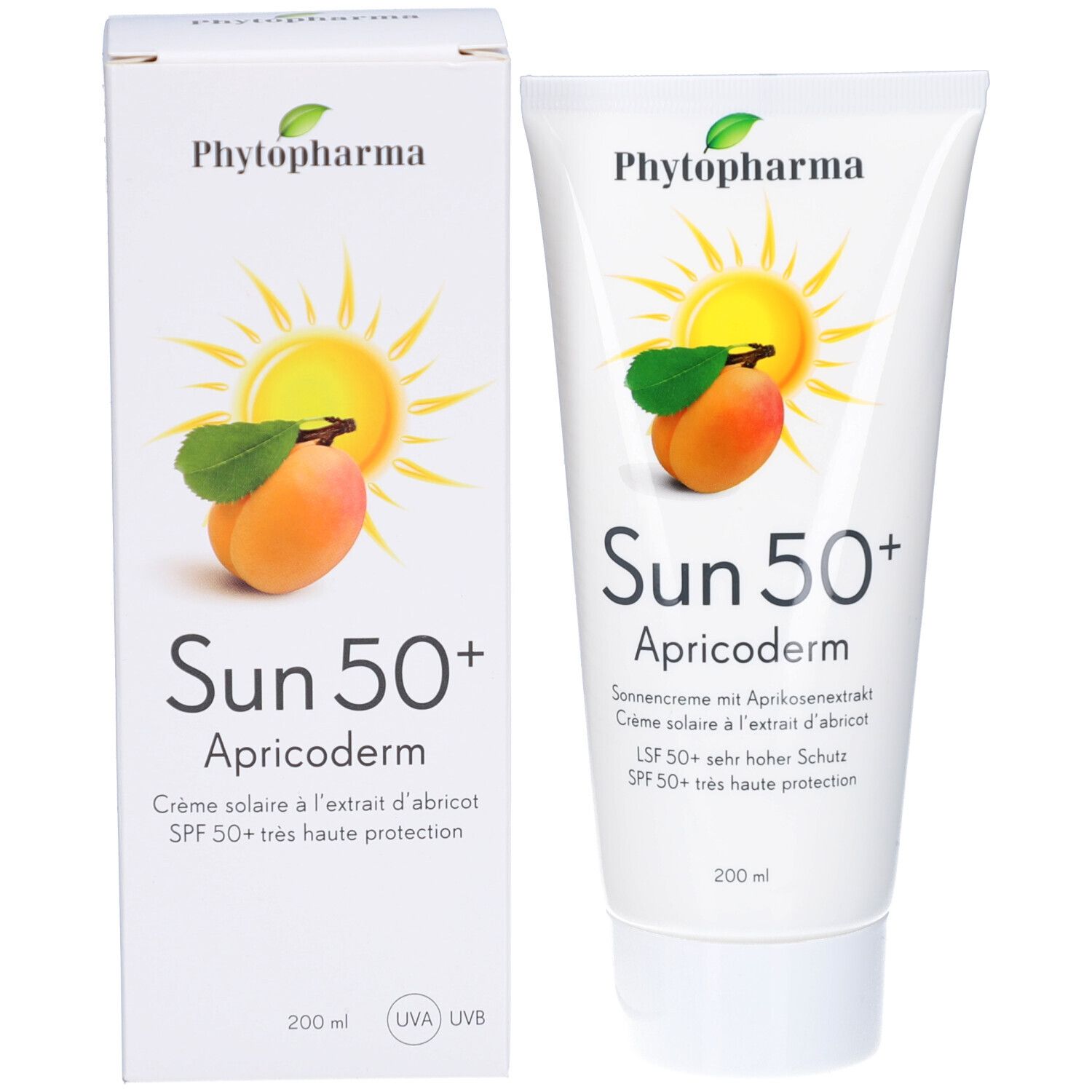 Zonnecrèmetube en doos. Opdruk: merk, zonmotief, abrikoos, productnaam, SPF 50+, 200 ml. Witte achtergrond.